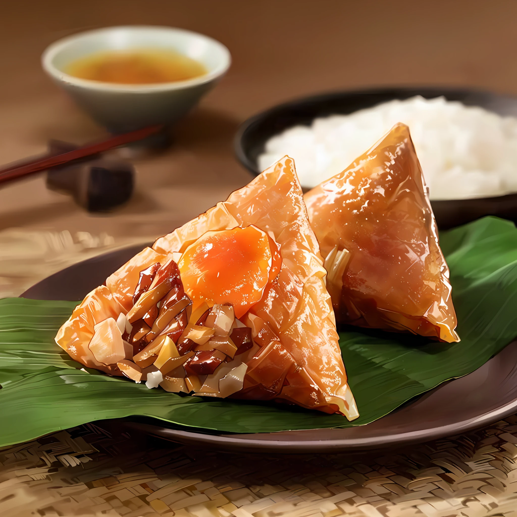Zongzi, glutinous rice wrapped in egg yolk and meat, food, ultra-fine 8K CG, warm, tempting