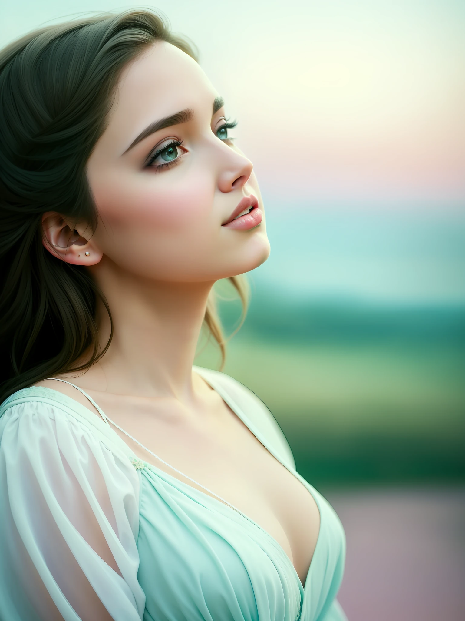 master photographic works, UHD, profile, [Angelina Jolie: Ana de Armas: 0.4], Dreamy, ethereal,pastel colors, hazy backgrounds, surreal dreams, fantasy stories, impressionist art, fairy tale illustrations, waist shots, low-angle views,super detail