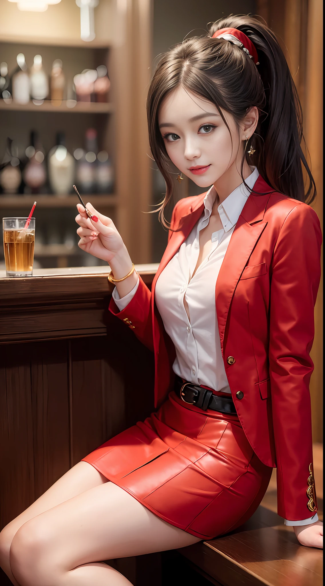 Exquisite, masterpiece, beautiful details, colorful, exquisite details, delicate lips, intricate details, 1 female, (a beautiful 20-year-old cute Korean woman: 1.1), (kpop idol, Korean mixed), (50mm Sigma f/1.4 ZEISS lens, F1.4, 1/800s, ISO 100, photograpy: 1.1), (ponytail + brunette hair: 1.2), (photorealistic: 1.4), (SPY:1.2), (Open Jacket,Shirt, Skirt,Tie,Christian Louboutin\(Brand\),:1.3), Earrings, Necklaces, Armbands, (Tavern, Bar:1.2), (Beautiful Legs, High Girl, Skinny, slim_legs, thigh_gap, Model:1.2), Lens flare, from the front, (Happy smile: 1.1), dynamic pose, (makeup: 1.2), red clothes