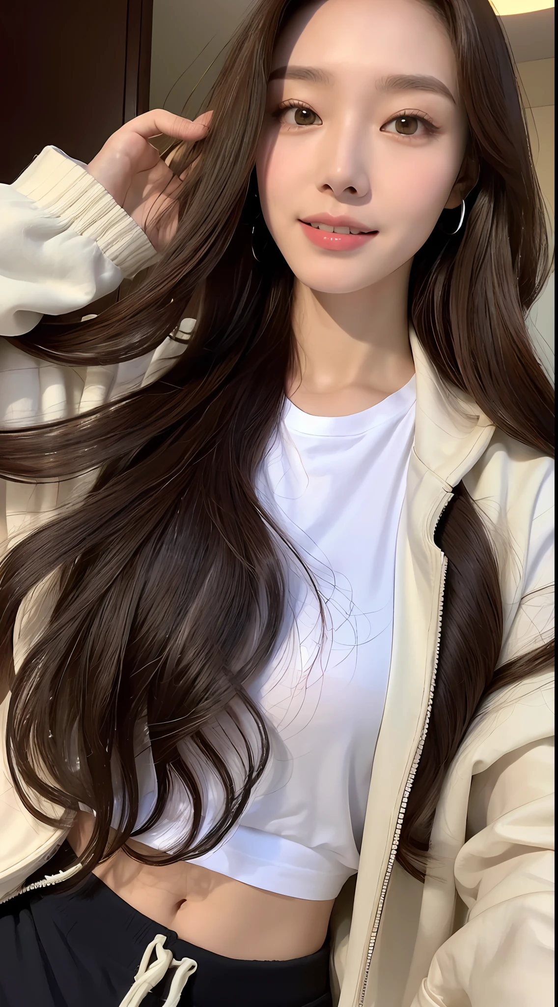 (Best Quality, High Resolution, Masterpiece: 1.3), A tall and beautiful woman, slender abs, dark brown hair, loose wavy shape, breasts, white T-shirt covered by open black varsity jacket, sweatpants, (evening time), fake smile, details of face and skin texture beautifully presented, detailed eyes, double eyelids