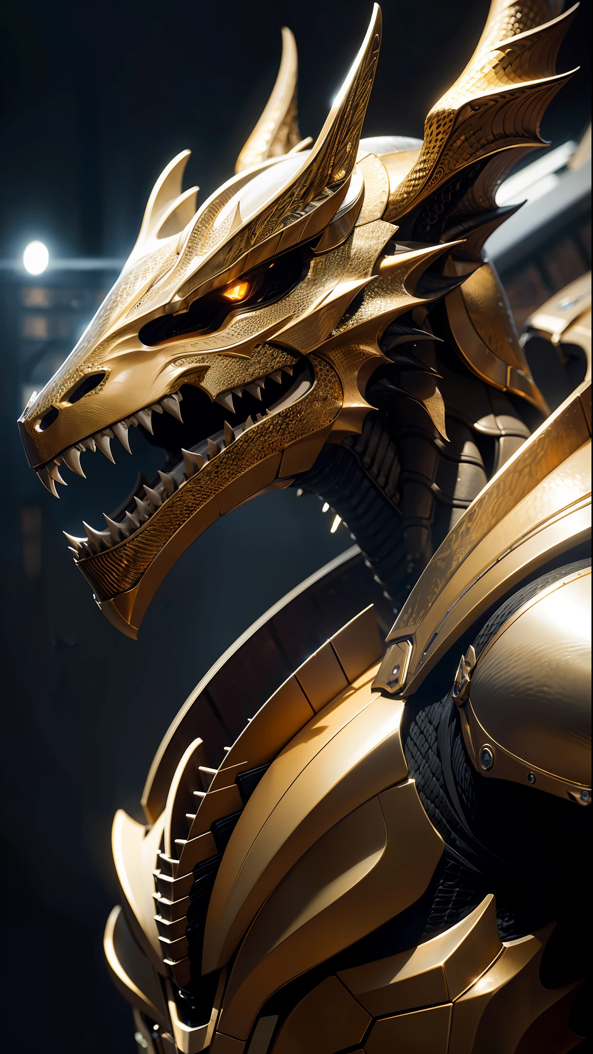 (Realistic:1.5), (Realistic:1.2), Detailed, Rendering, Epic, Biomechanical Dragon, Helmet, Black Carbon Fiber, Diffuse Lighting, Dynamic Pose, Complex, Elegant, (Dynamic Background), Highly Detailed, Elegant, Sharp Focus, Photo by Greg Rutkowski, Soft Lighting, Vivid Colors, Ivory Gold AI (Battle Files: 1.2)