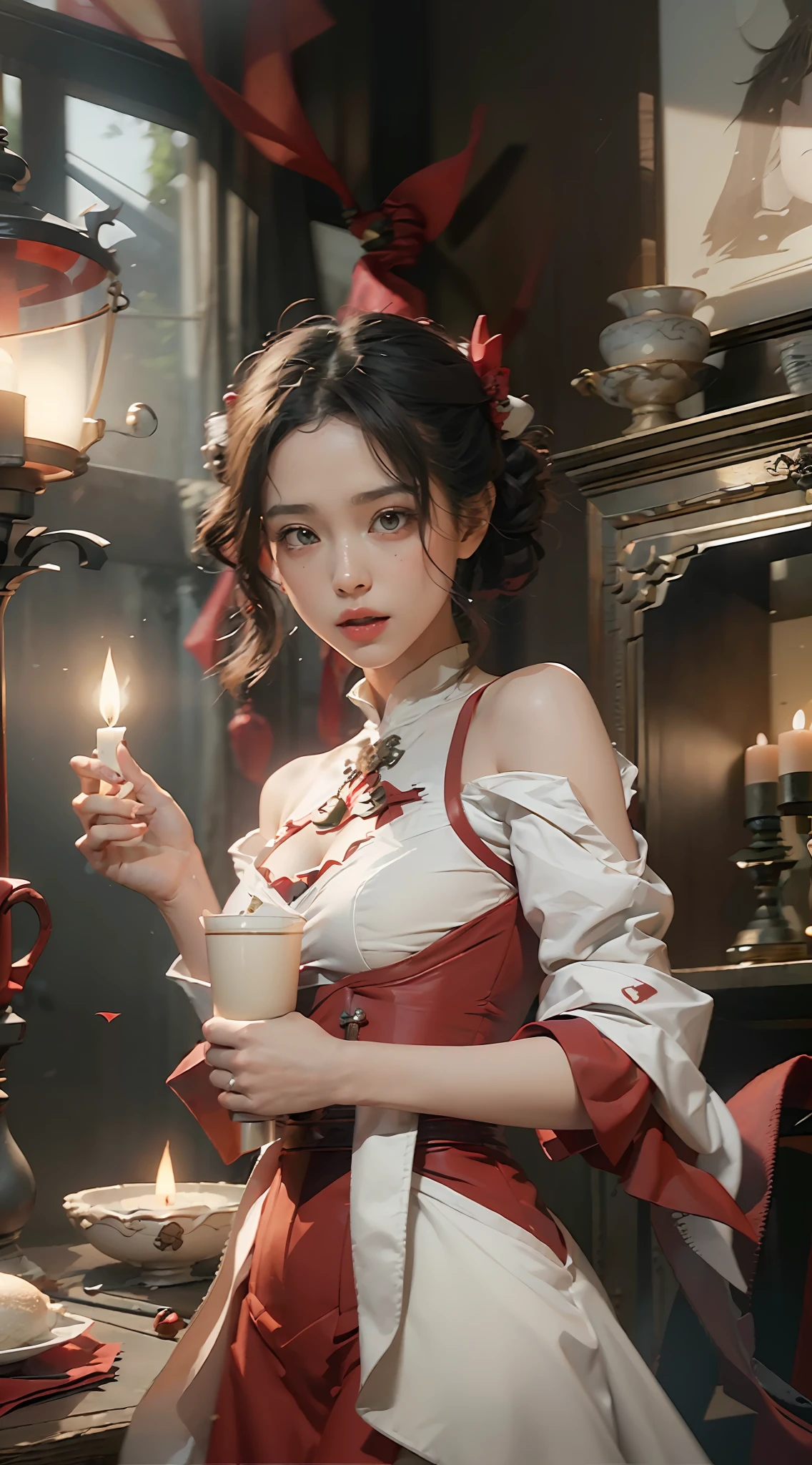 ((Best Quality)), ((Masterpiece)), (Details: 1.4), 3D, (Full Red Wedding Dress: 1.9), (Red Lantern: 1.2) (Red Lantern: 1.4) (Red Candle: 1.5) (Wedding Scene: 1.5), Cave Candle Night, HDR (High Dynamic Range), Ray Tracing, NVIDIA RTX, Super-Resolution, Unreal 5, Subsurface Scattering, PBR Textures, Post-processing, Anisotropic Filtering, Depth of Field, Maximum Clarity and Clarity, Multi-layer Textures, Albedo and Highlight Maps, Surface Coloring, Accurate Simulation of Light-Material Interactions, Perfect Proportions, Octane Render, Bicolor Light, Large Aperture, Low ISO, White Balance, Rule of Thirds, 8K RAW,