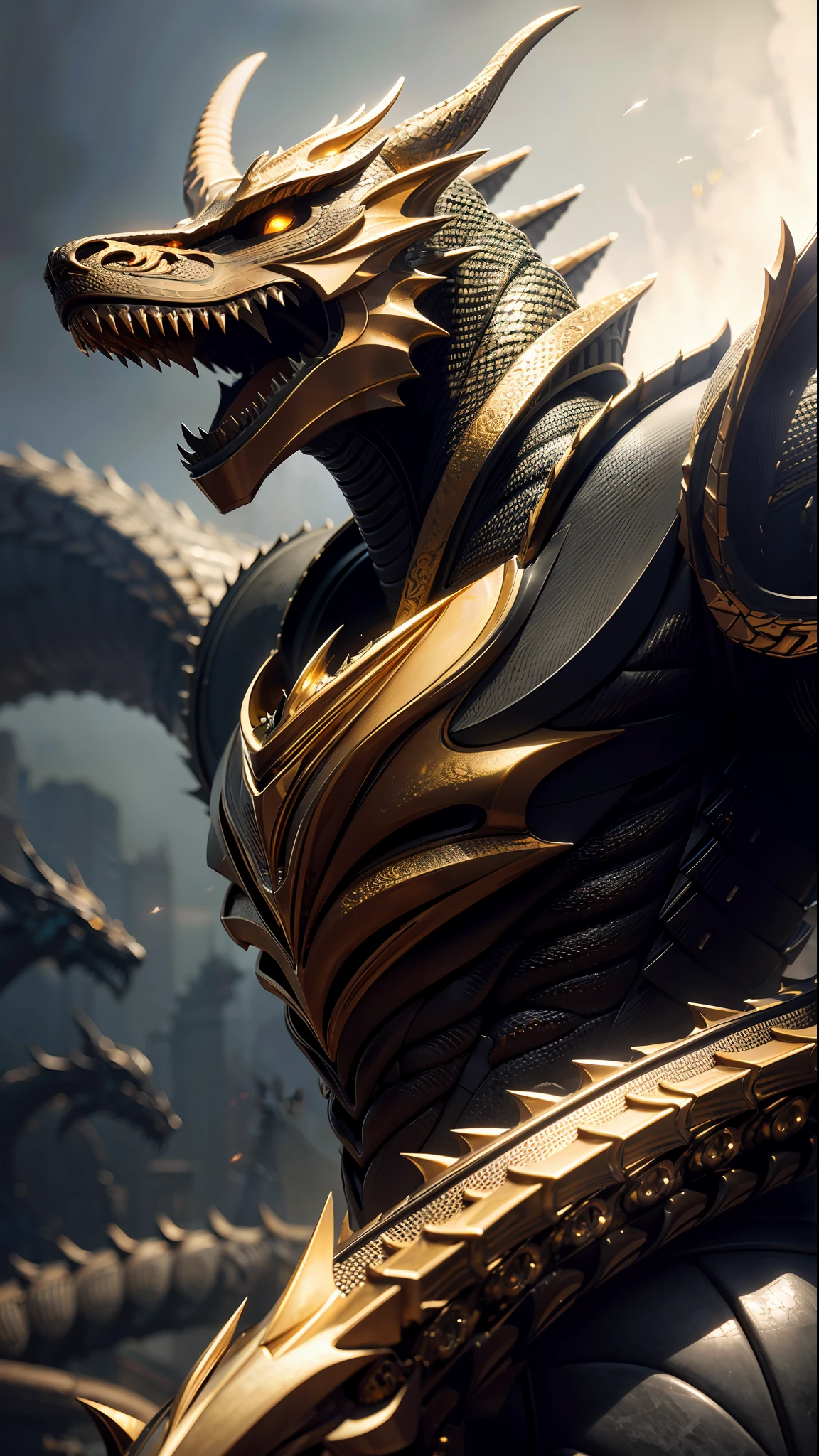(Realistic:1.5), (Realistic:1.2), Detailed, Rendering, Epic, Biomechanical Dragon, Helmet, Black Carbon Fiber, Diffuse Lighting, Dynamic Pose, Complex, Elegant, (Dynamic Background), Highly Detailed, Elegant, Sharp Focus, Photo by Greg Rutkowski, Soft Lighting, Vivid Colors, Ivory Gold AI (Battle Files: 1.2)