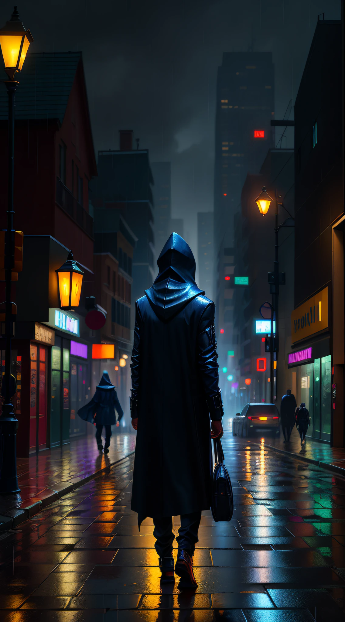 arafed man walking down a street at night in the rain, mysterious man, he is traversing a shadowy city, obscured hooded person walking, standing in a city street, wearing a dark hood, overlooking a dark street, creating an ominous presence, standing in the streets, cyberpunk noir, hooded figure surreal, standing in a dark alleyway