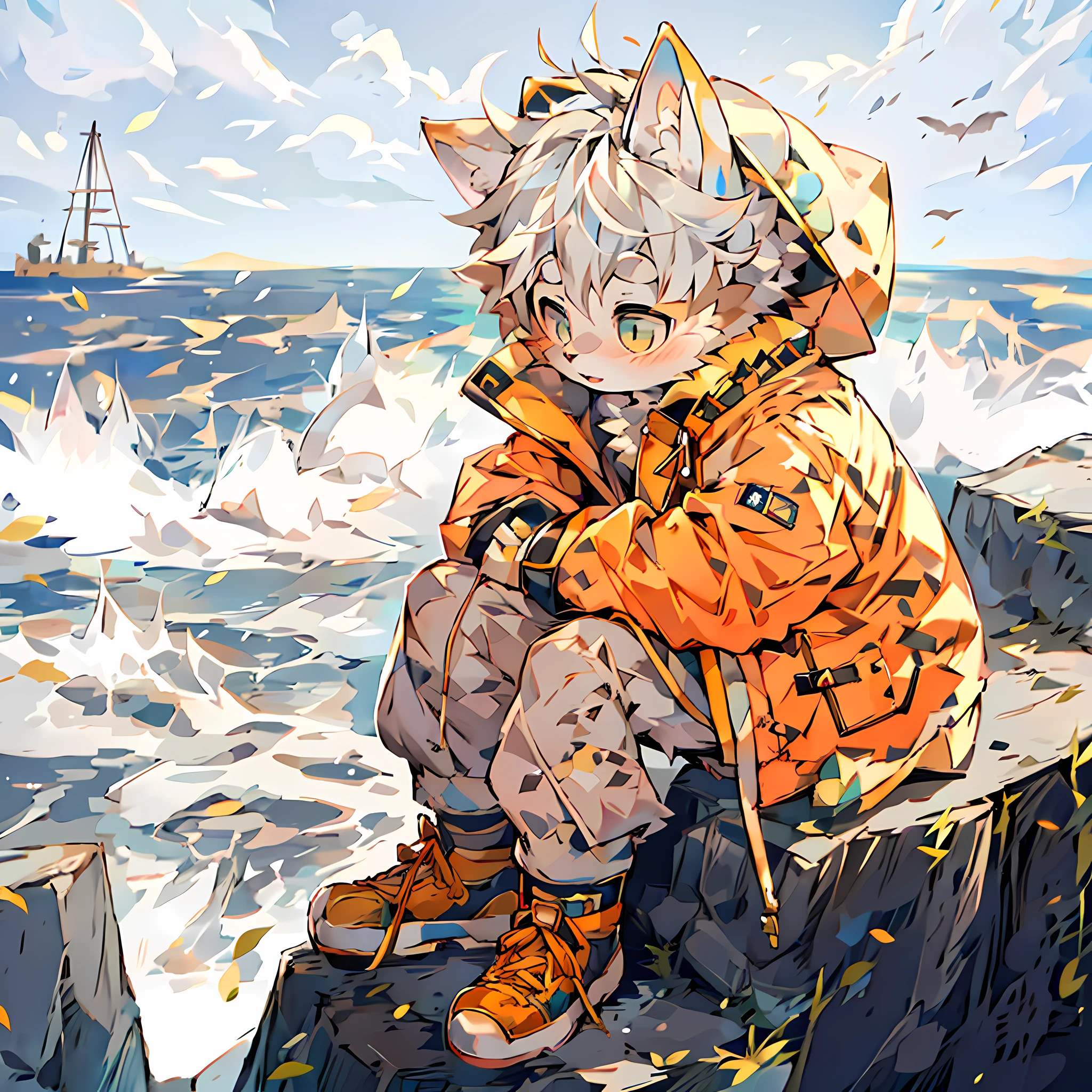 Anime boy sitting on rock wearing cat hat, popular on ArtStation pixiv, by the sea, cute anime, high quality anime art style, anime vision of cute cat, pixiv contest winner, anime boy, pixiv, cute boy, by Yuumei, key anime art, digital art on pixiv Koshota furry