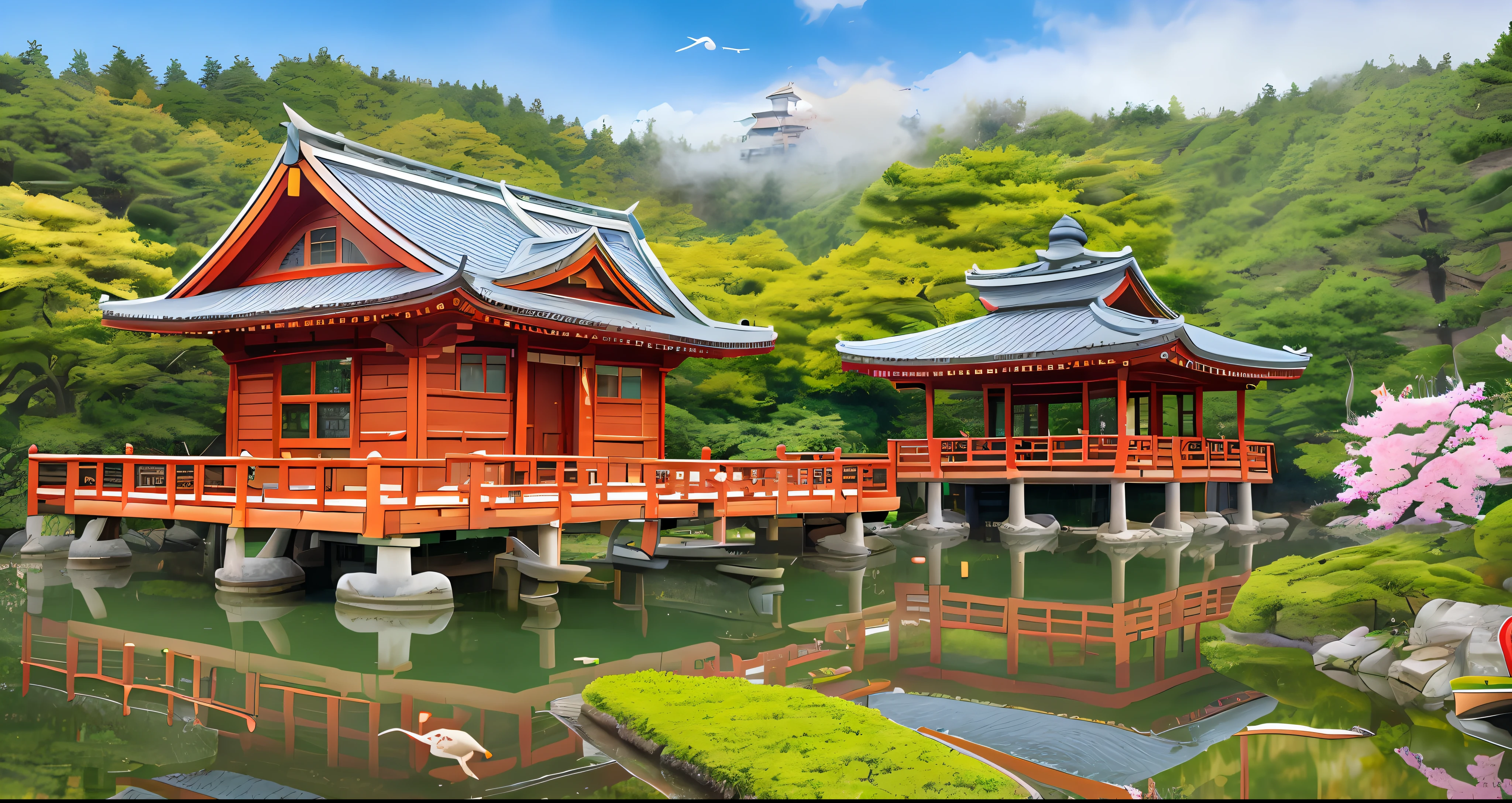 Cedar, pine, guest-greeting pine, the small pavilion, wooden bridge, stone bridge, fishing boats, boat, crane, birds, crane, castle peak, reflection, green water, ripples, reflection, the plum blossom in full bloom, fog, waterfalls, carp, lotus, lotus leaf, dragonflies peony flowers, lucky bamboo, bamboo, deer, laptop, kirin, red sun, plantain, Windows,