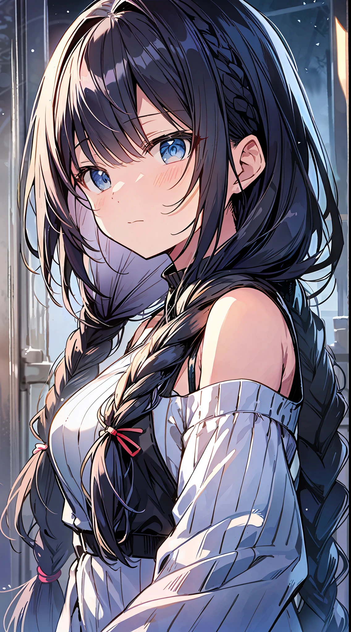 Top Quality, Best Masterpiece, Ultra High Definition, 8k, Light Blue Sweater, Anime Style Little Loli, Single, Ultra Detailed Line Art, Digital Enhancement, Anime Core, Flowing Fabric, Close Up, ((Hair length to shoulder mouth and short braid)), staring at us from the front, Soft drawing, Beautiful black hair, Looks really weak, Clear eyes, faint smile, Ultra-detailed digital anime art, ultra-detailed anime character art, ultra-detailed manga style, top-quality colors