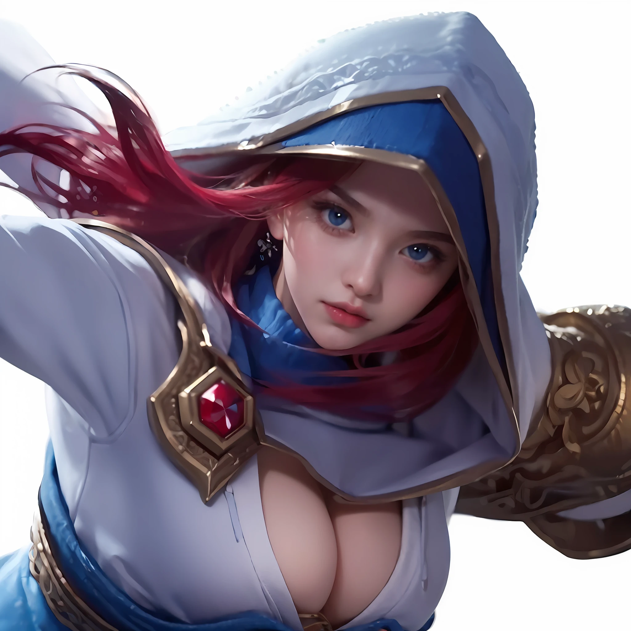 ((masterpiece,best quality,highest quality,illustration,intricate details)),1 girl, hoodie, red hair, white and blue shirt, close up,