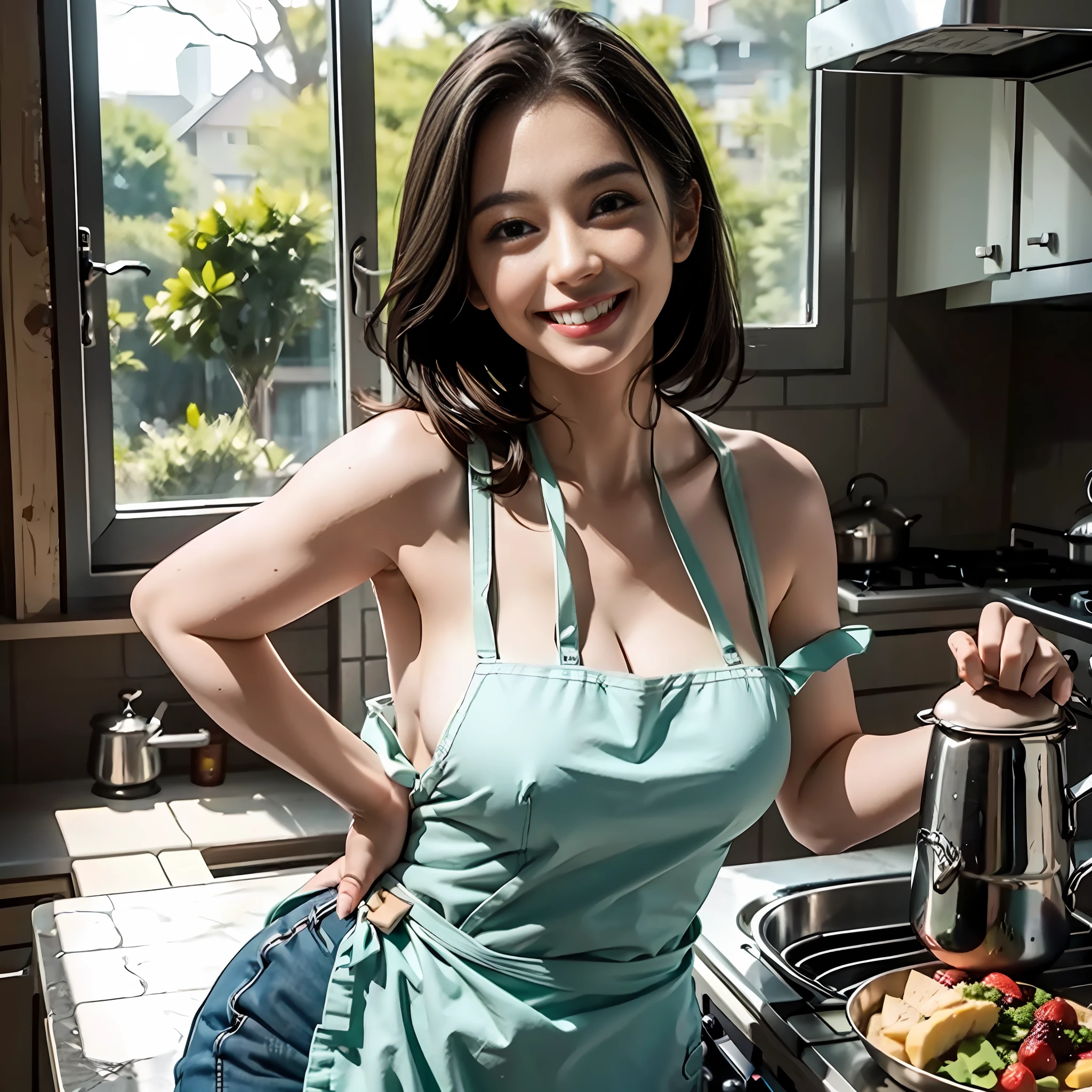 Woman wearing only apron, kitchen, huge breasts, smile, cooking, detail, masterpiece, perfect body, protruding