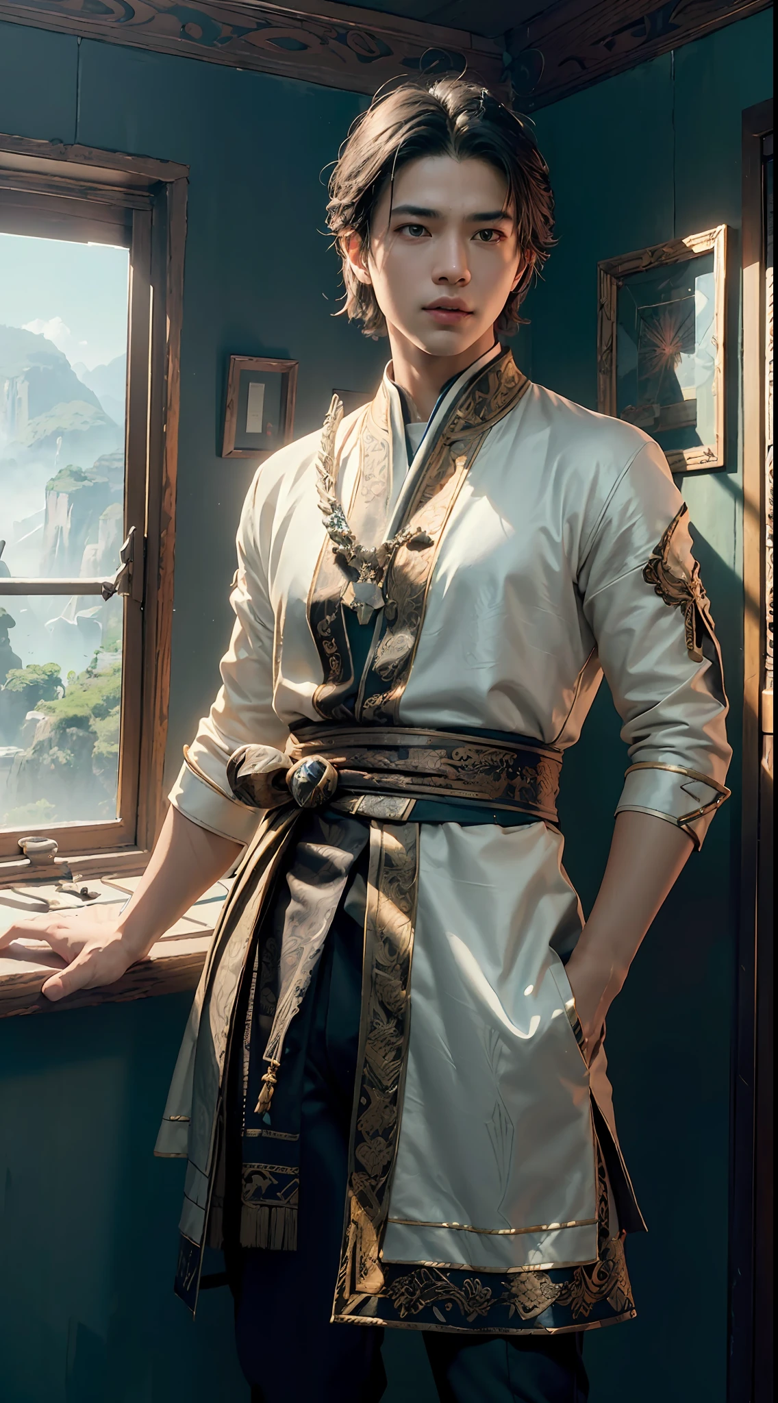 ((Best quality)), ((masterpiece)), (detailed:1.4), ((male)), 3D, an image of a wise young indonesian man, wearing batik outfit, traditional outfit, HDR (High Dynamic Range),Ray Tracing,NVIDIA RTX,Super-Resolution,Unreal 5,Subsurface scattering,PBR Texturing,Post-processing,Anisotropic Filtering,Depth-of-field,Maximum clarity and sharpness,Multi-layered textures,Albedo and Specular maps,Surface shading,Accurate simulation of light-material interaction,Perfect proportions,Octane Render,Two-tone lighting,Wide aperture,Low ISO,White balance,Rule of thirds,8K RAW,
