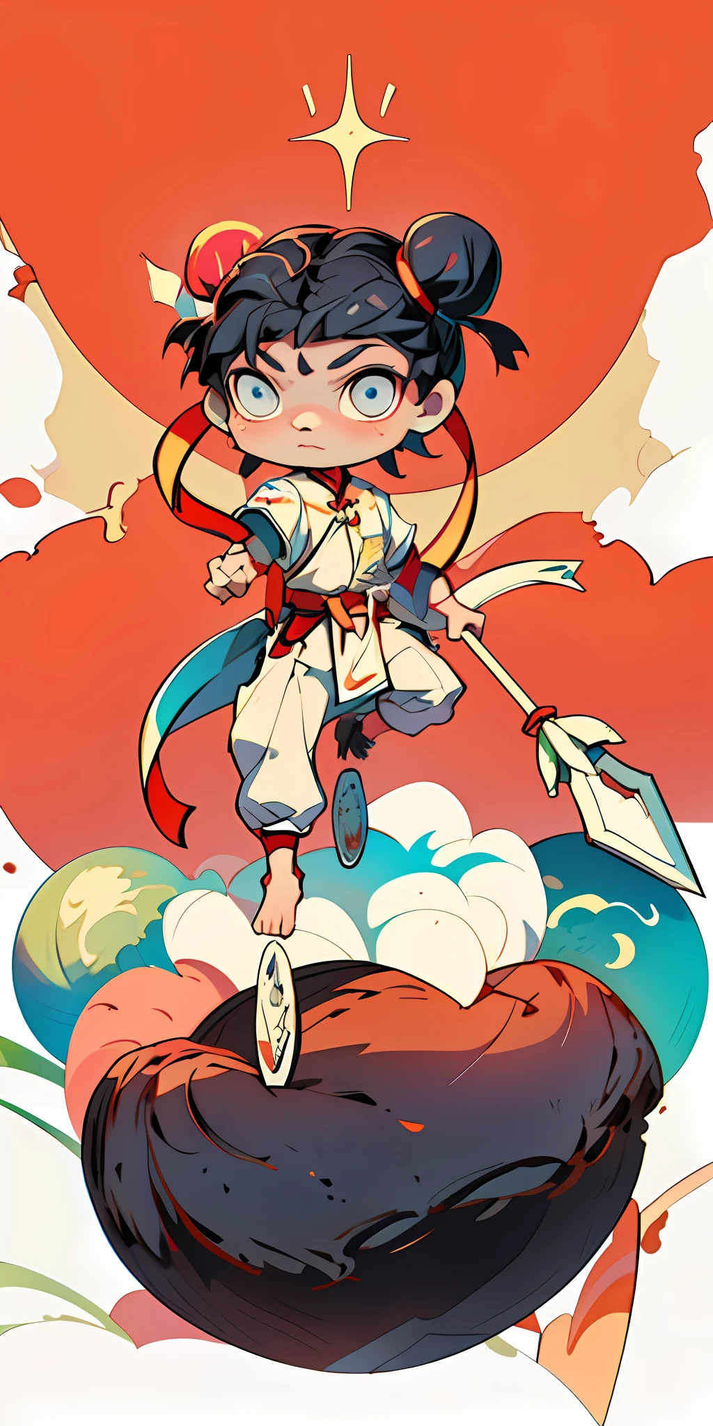 A boy, tied with two ball heads, Nezha, holding a weapon, wearing ancient Chinese clothes, with streamers on his body, two iron circles under his feet, high quality, 8k, colored, red as the main color, black hair