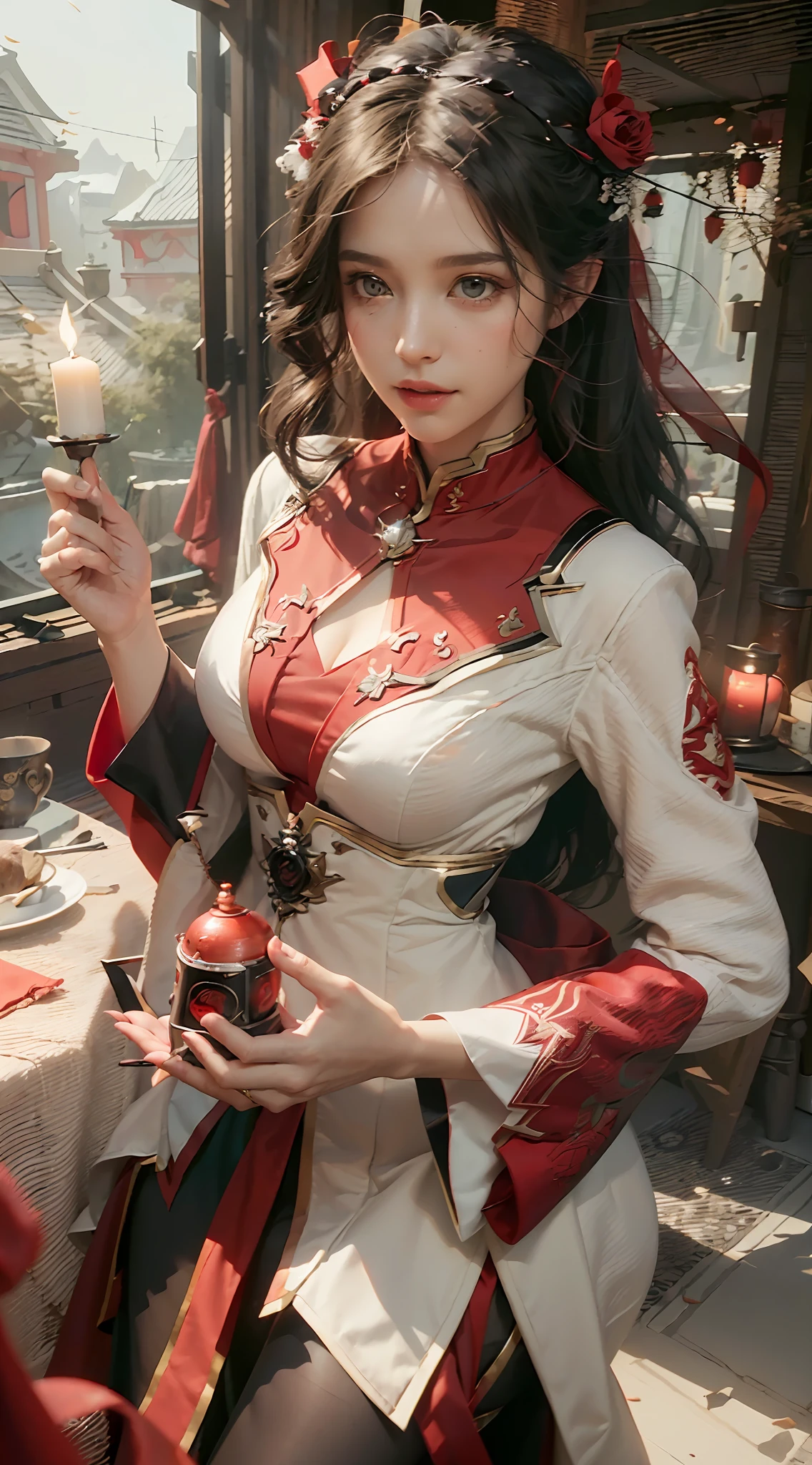 ((Best Quality)), ((Masterpiece)), (Details: 1.4), 3D, (Full Red Wedding Dress: 1.9), (Red Lantern: 1.2) (Red Lantern: 1.4) (Red Candle: 1.5) (Wedding Scene: 1.5), Cave Candle Night, HDR (High Dynamic Range), Ray Tracing, NVIDIA RTX, Super-Resolution, Unreal 5, Subsurface Scattering, PBR Textures, Post-processing, Anisotropic Filtering, Depth of Field, Maximum Clarity and Clarity, Multi-layer Textures, Albedo and Highlight Maps, Surface Coloring, Accurate Simulation of Light-Material Interactions, Perfect Proportions, Octane Render, Bicolor Light, Large Aperture, Low ISO, White Balance, Rule of Thirds, 8K RAW,