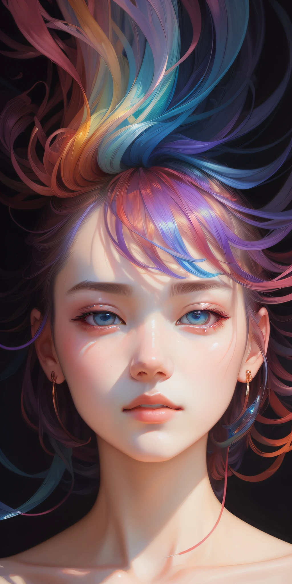 _james jean, floating female figure made of ribbons, smoke, in the sky, colorful and vibrant, mystical colors, contemporary impressionism, yanjun cheng portrait painting, iridescent painting, 3/4 perspective view, cute face, low angle, sweeping circling composition, large beautiful crystal eyes, big irises, UHD, HDR, 8K, (Masterpiece:1. 5), (the most beautiful portrait in the world:1.5)