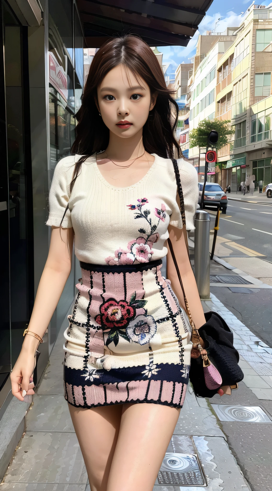 (1girl:1.3), solo, __body-parts__, Kim Ji-ni Jennie face, babes style, knitted short sleeves, knitted striped hip skirt, floral, 16k, resolution image,