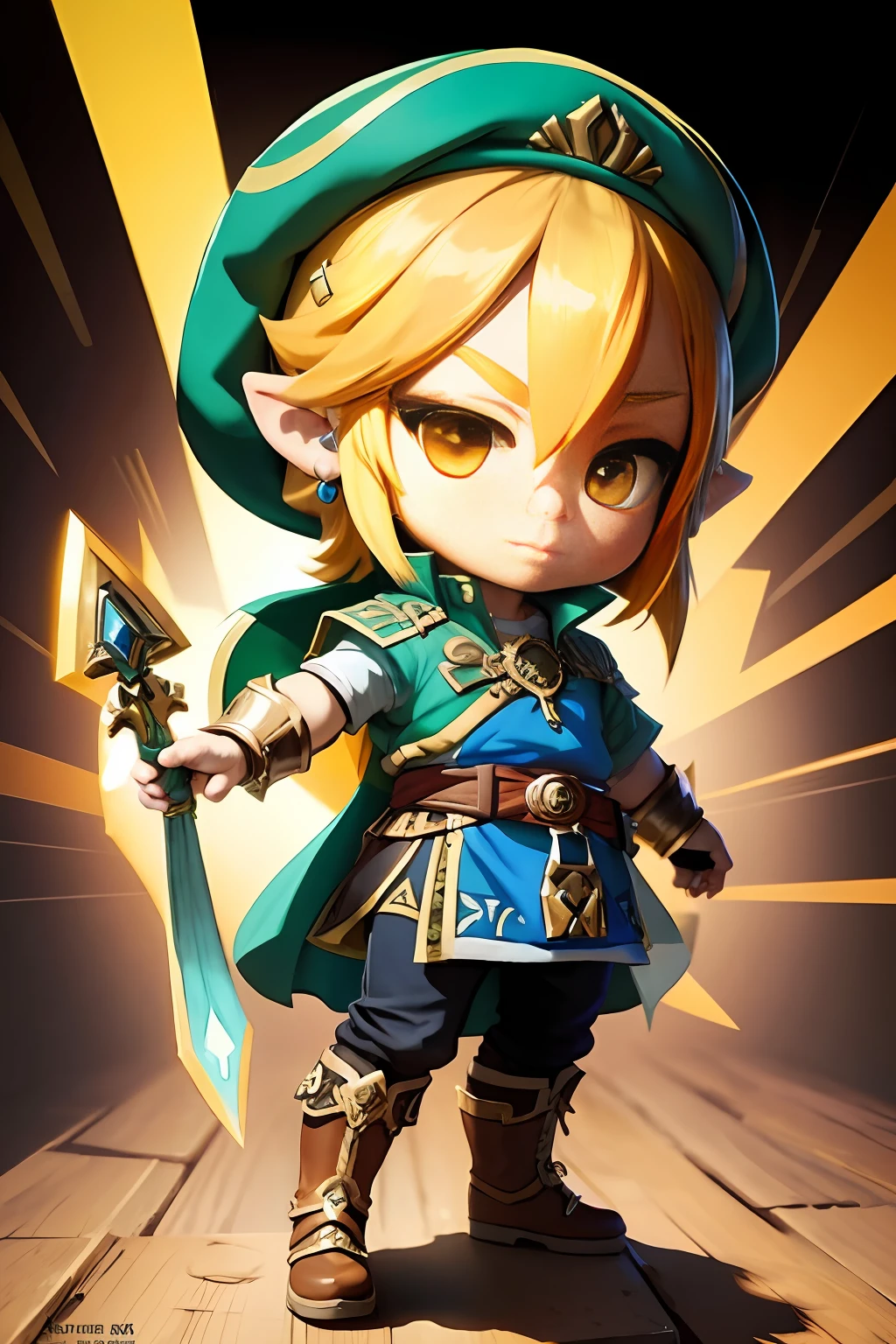 Raw 16k Ultra HD Vivid Colors Masterpiece, best_quality, 1boy, Chibi Style Digital Art, Solo, Link, Zelda Legend, Tunic, Hat,