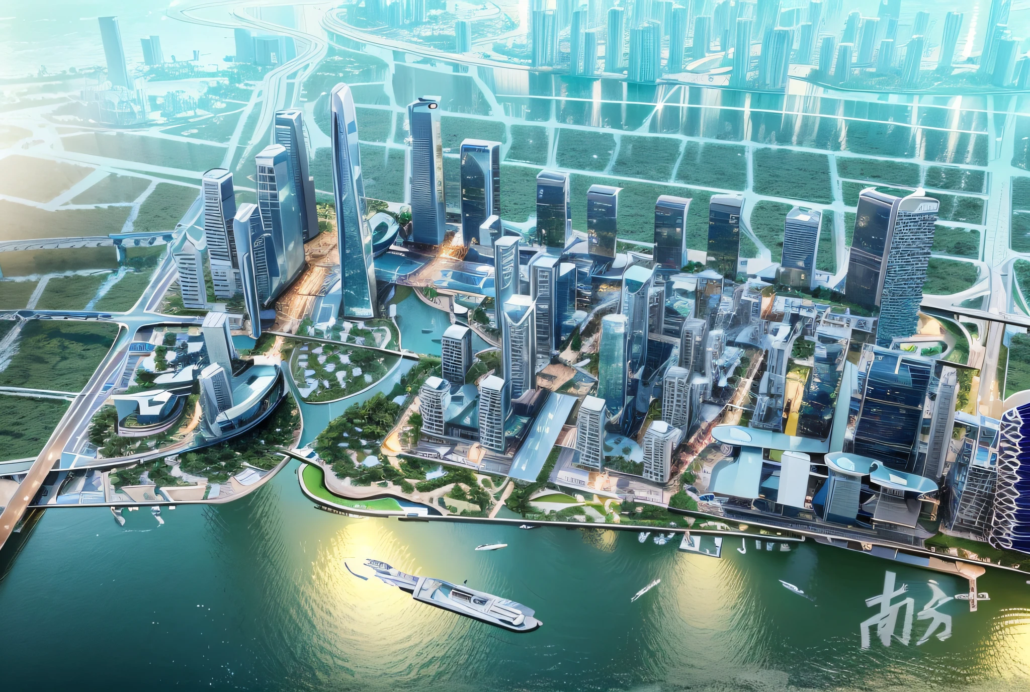 City skyline view, a river in the foreground, Guangzhou city, Guangzhou, China, skyline display, skyline, from China, trend, 3D model HD rendering, architectural rendering, Unreal Engine rendering, surrealism, skyscrapers, soothing tones, chinese dreamland, octane rendering, spectacular clouds, fantasy clouds. Huancheng, Guangzhou Financial City. Chinese architecture,. The bustling tech building is beyond imagination, visionary (wide-angle lens), ultra-high quality, and enhanced detail. Extremely detailed CG Unity 8k wallpapers, aesthetics, award-winning photography, realism, high detail, intricacies, art of travel, realistic 3D animation style, landscape concept art, ultra-high resolution (realism: 1.6), aesthetics, focus, high quality, vivid colors, stunning reflections, crystal clear water, award-winning photography, 3D lighting and beautiful cinematic lighting. Rich Detail, Aerial View, Top View, Bird's Nest Elliptical Building, Realism, High Detail, Global Illumination, DSLR, Soft Light, High Definition, Movie Particles, Afternoon, Evening
