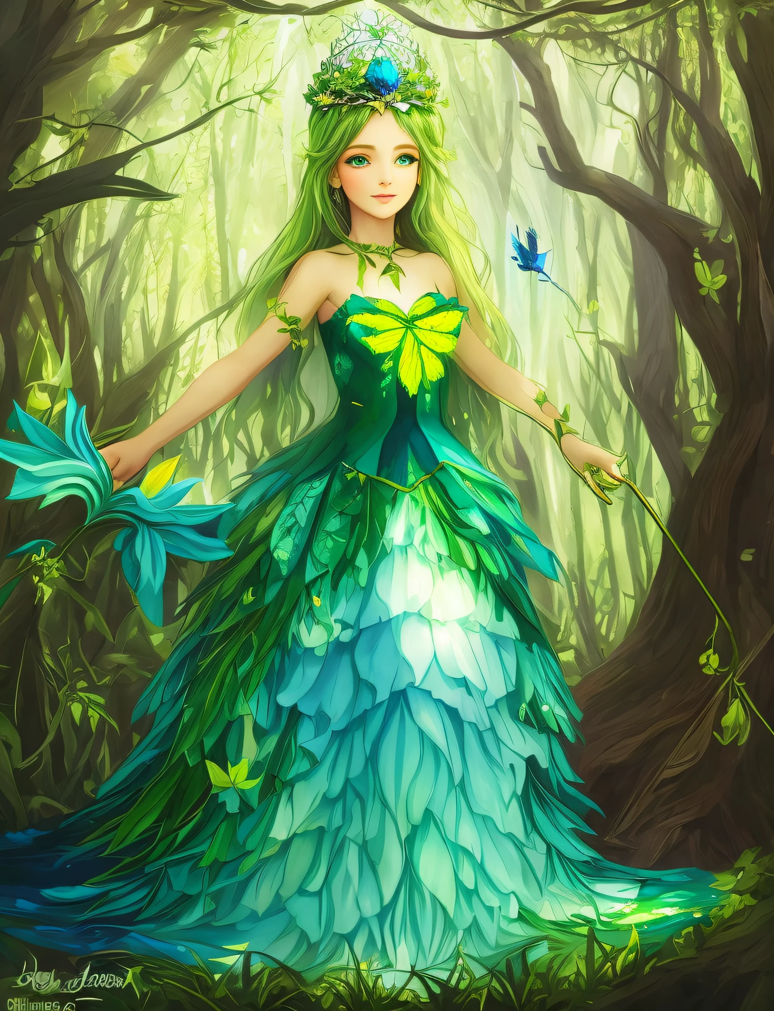 A painting of a woman in a green and blue dress, holding a magic wand, Fey Queen of the Summer Forest, Goddess of the Forest, Queen of the Forest, Goddess of Nature, Queen of Nature, Fairy of the Forest, Fae of the Forest, Goddess of Nature, Dryad Forest, Forest Soul, Fae Priestess, Elven Princess, Goddess of Spring, Queen of Fairies