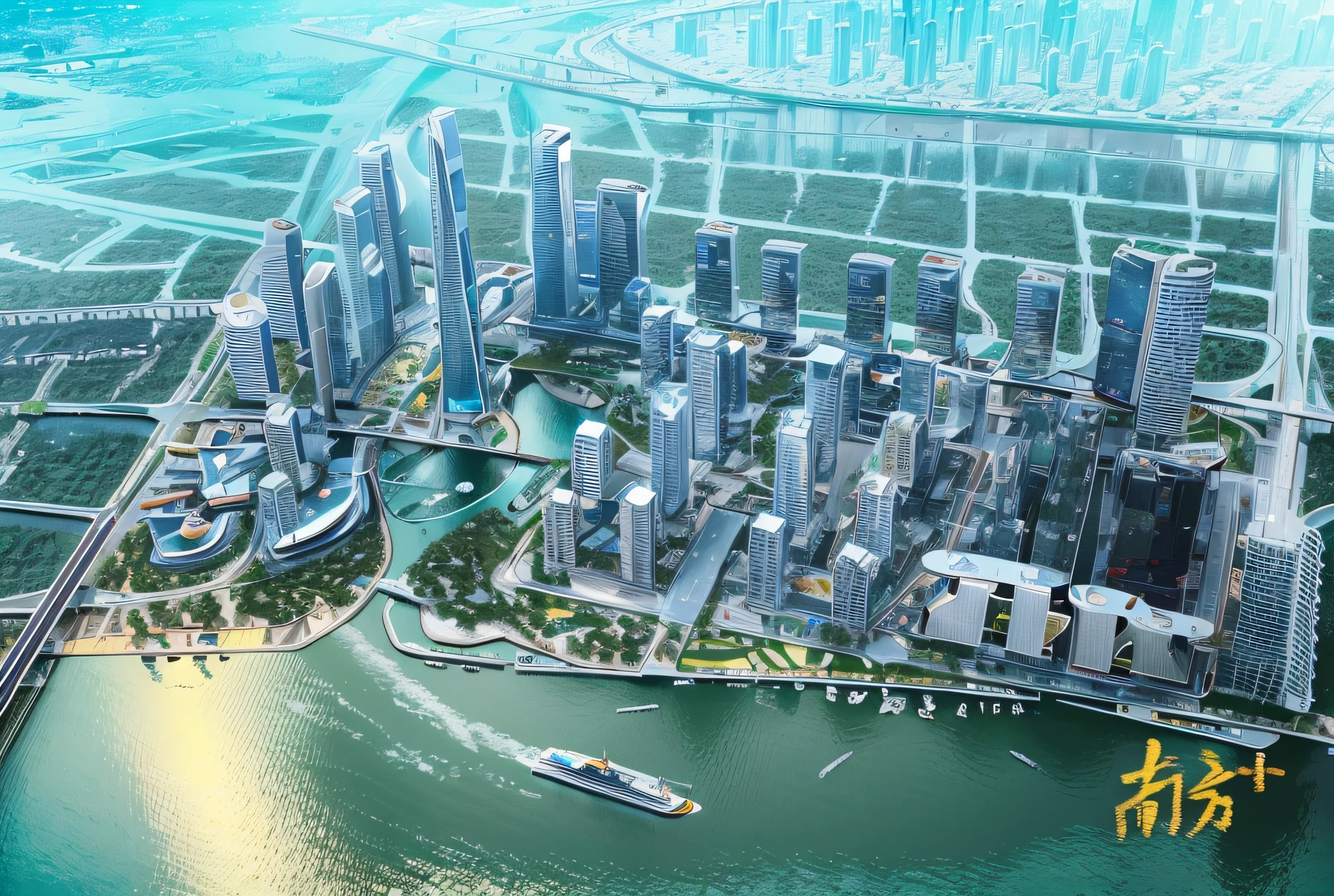 City skyline view, a river in the foreground, Guangzhou city, Guangzhou, China, skyline display, skyline, from China, trend, 3D model HD rendering, architectural rendering, Unreal Engine rendering, surrealism, skyscrapers, soothing tones, chinese dreamland, octane rendering, spectacular clouds, fantasy clouds. Huancheng, Guangzhou Financial City. Chinese architecture,. The bustling tech building is beyond imagination, visionary (wide-angle lens), ultra-high quality, and enhanced detail. Extremely detailed CG Unity 8k wallpapers, aesthetics, award-winning photography, realism, high detail, intricacies, art of travel, realistic 3D animation style, landscape concept art, ultra-high resolution (realism: 1.6), aesthetics, focus, high quality, vivid colors, stunning reflections, crystal clear water, award-winning photography, 3D lighting and beautiful cinematic lighting. Rich Detail, Aerial View, Top View, Bird's Nest Elliptical Building, Realism, High Detail, Global Illumination, DSLR, Soft Light, High Definition, Movie Particles, Afternoon, Evening
