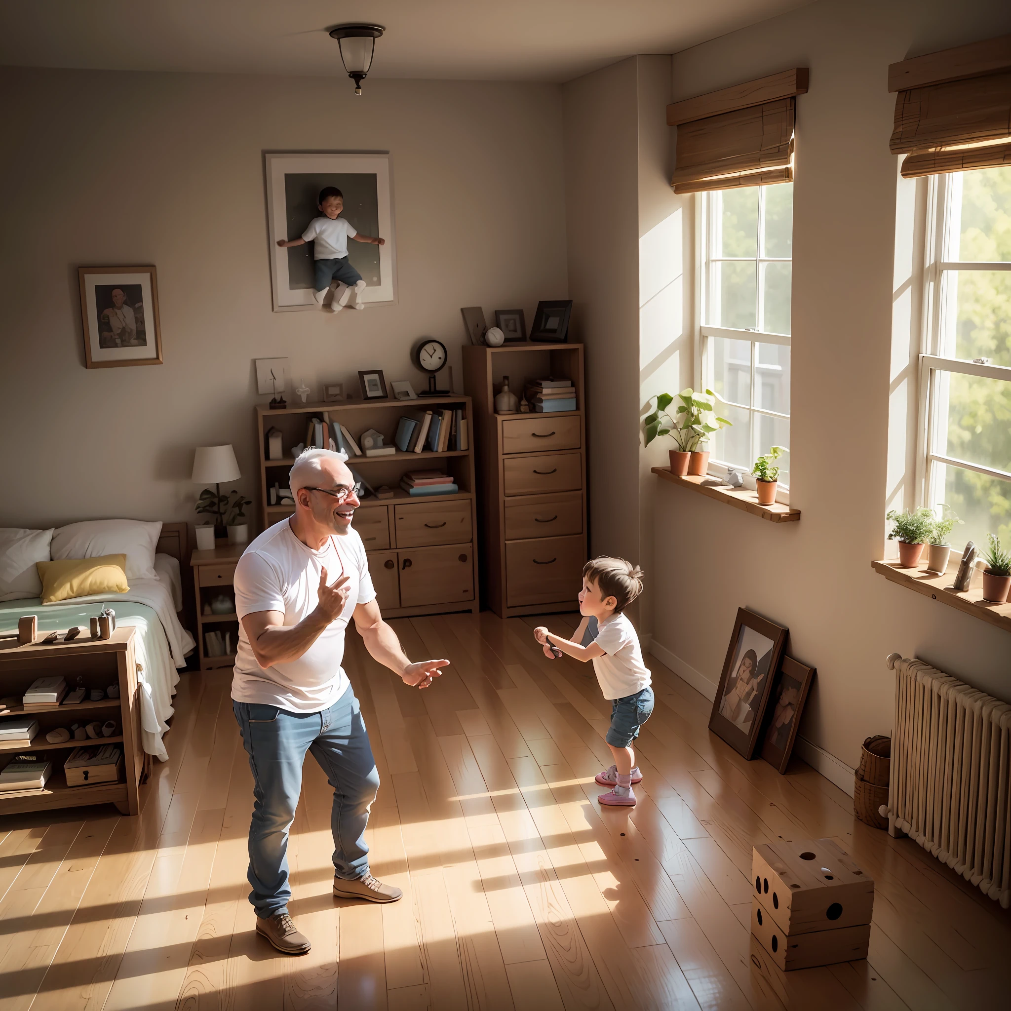 Father and child playing with blocks in a room, father and child Family play happy family, happy people in the house, smooth background, everyone having fun, interior pictures, gettyimages, playful smile, bright happy atmosphere, surrealism, at home --auto --s2