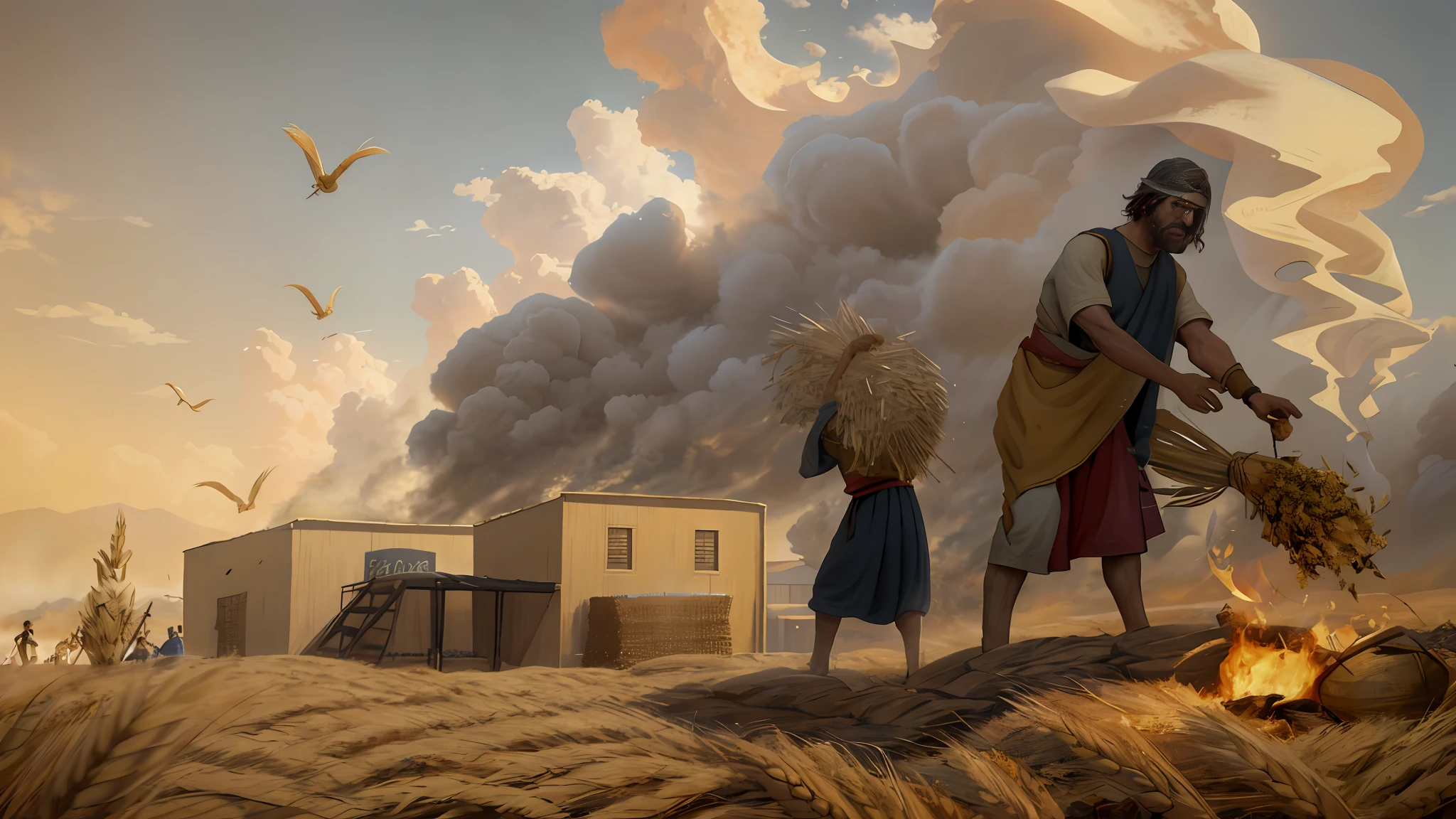 Oil painting, there is a man burning chaff at the stake, another man carries wheat to the warehouse in the background of the image, epic biblical representation, 8k uhd, cinematic lighting, high quality, --s2