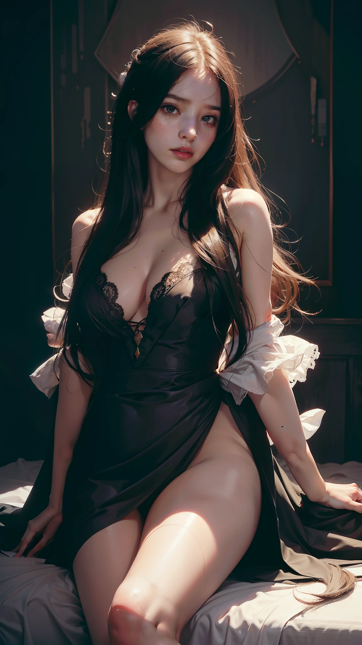 ((You may be one person to the world but you may also be the world to one person, paradox, Adrian Ghenie, jenny saville, edward hopper, dark art by James Jean, Takato Yamamoto)),(RAW photo, best quality), ((Nostalgia,1980s syle)),(A girl with a literary atmosphere:1.2),(realistic, photo-realistic:1.3), extremely delicate and beautiful, Amazing, finely detail, masterpiece, ultra-detailed, highres,best illustration, best shadow,intricate,depth of field,1girl,(long legs:1.4),long hair,messy hair,((((low key,dark scene,dimly lit)))),fat,(((soft lighting:1.4))),(pale skin:1.4),(shy smile),(cinematic angle),sharp focus, volumetric fog, 8k UHD, DSLR, high quality,( film grain:1.4), Fujifilm XT3,(looking at viewer)