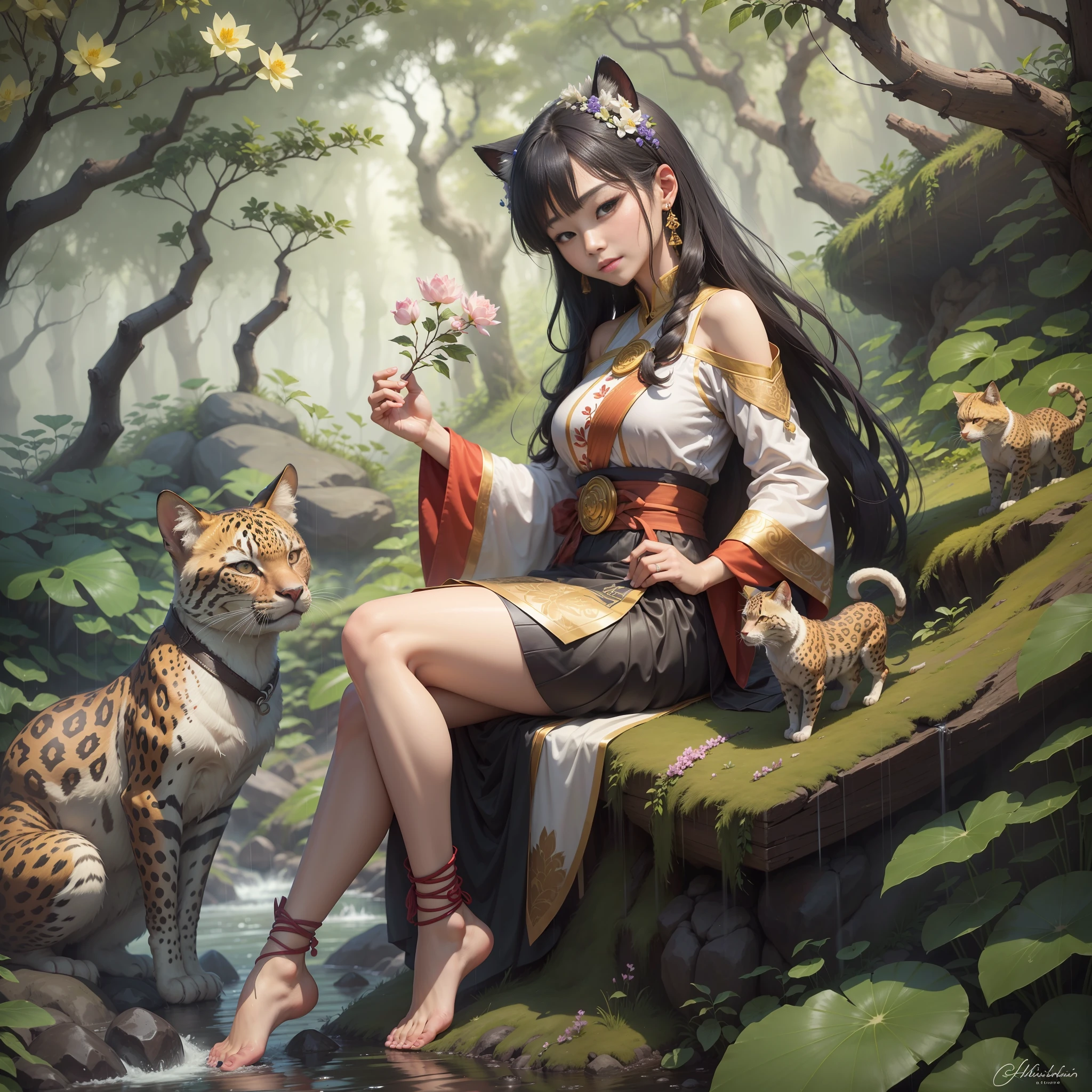 It seems that someone passed by the corner of the mountain, and it was me wearing a female lotus with a li waist.
Look at how beautiful the smile is, and you adore my graceful posture.
Driving a red leopard followed by a patterned wild cat, Xinyi wooden car osmanthus tied up a colorful flag.
It is me who wears a stone orchid waist bundle Du Heng, and folds branches and flowers to give you a chat about lovesickness.
I couldn't see the light of day in the deep bamboo forest, and the road was difficult to travel alone.
Standing alone on the top of a high mountain, the clouds and mist dissolved and the curls floating under his feet.
The day is as dim as night, and the east wind is swirling and the gods are raining.
Keep me to enjoy the joy with you and forget to return, as I grow older, who makes me forever beautiful?
I collect Yishou Ganoderma lucidum in the mountains, and the rocks are entangled with kudzu vines.
Complain about Gongzi ah forgot to return, you miss me but there is no time to come.
I drink spring water in this mountain, pines and cypresses, pure and fragrant like Duruo,
You miss me, true or false.
The thunder rolls and the rain is cloudy, and the chirping of apes penetrates the darkness of the night.
The wind is sassy, falling wood, Xiao Xiao, and Simu Gongzi is sad alone.