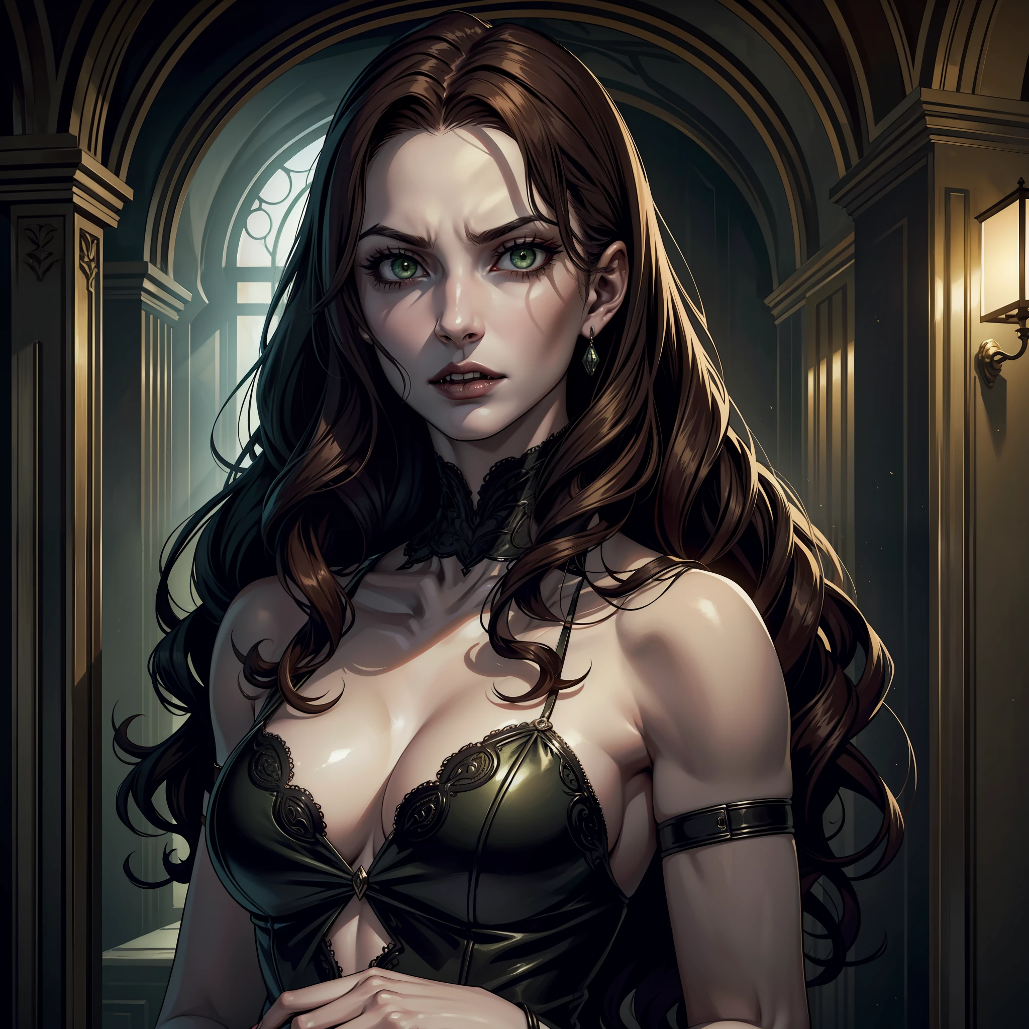 (extremely detailed 8k wallpaper), Vampire the Masquerade, modern horror, 2020s, grown woman, wearing very old Italian dress, sharp focus, (subsuperficial scattering:1.1), award-winning photograph, centered face, face of Maria Fernanda Candido, ((vampire Hecata)), half-body photo:1.1, very long curly dark brown hair, supernatural green eyes, very pale skin, cadaveric skin, thin,  serious expression, Italian crypt interior, dramatic lighting