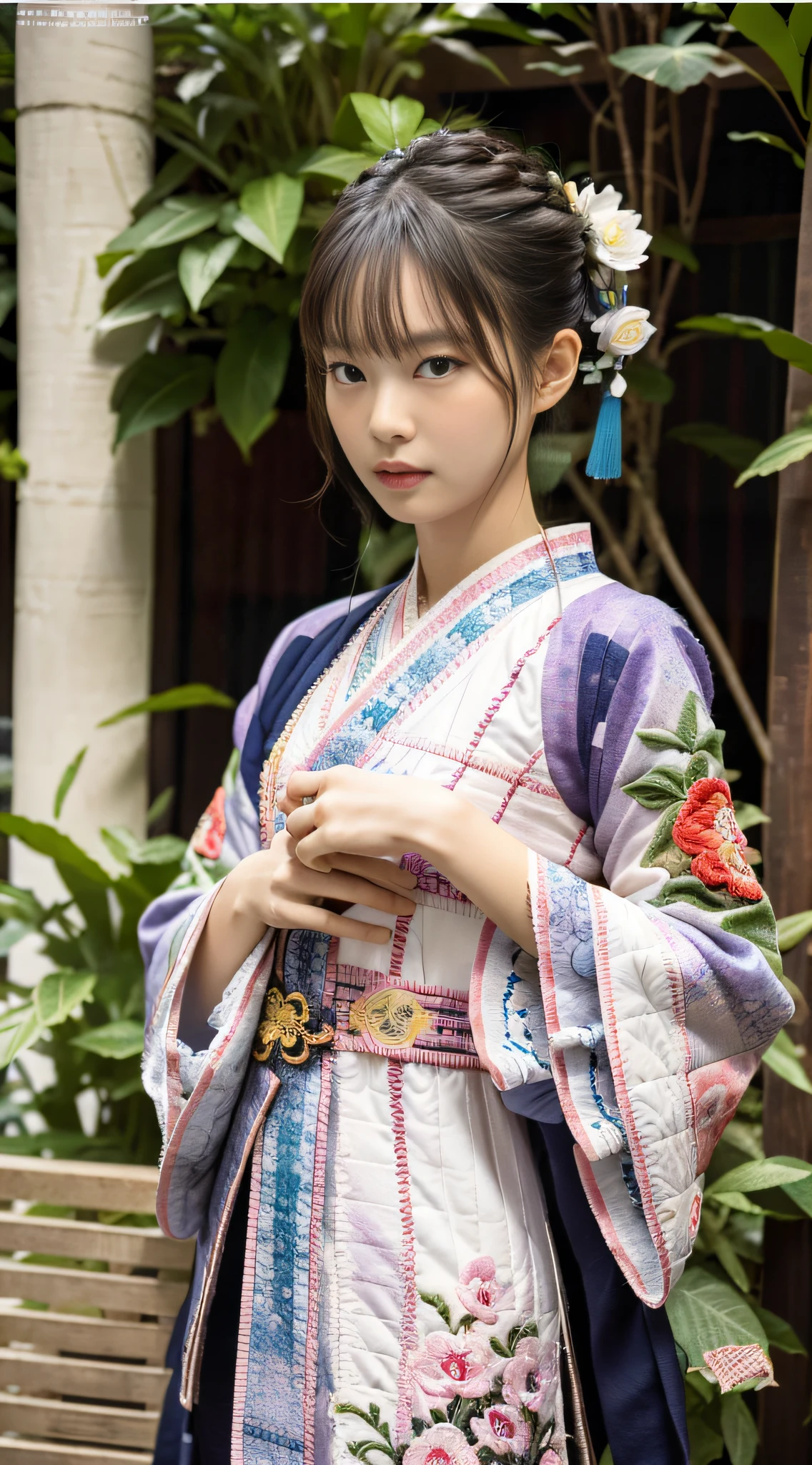 Masterpiece, High resolution, Super detailed, (1 girl), , fashion pose, hanfu, textile art, fiber treatment, weave design, hand posture correct, detail, fabric collage, quilting, embroidery, innovative technology, tactile creation