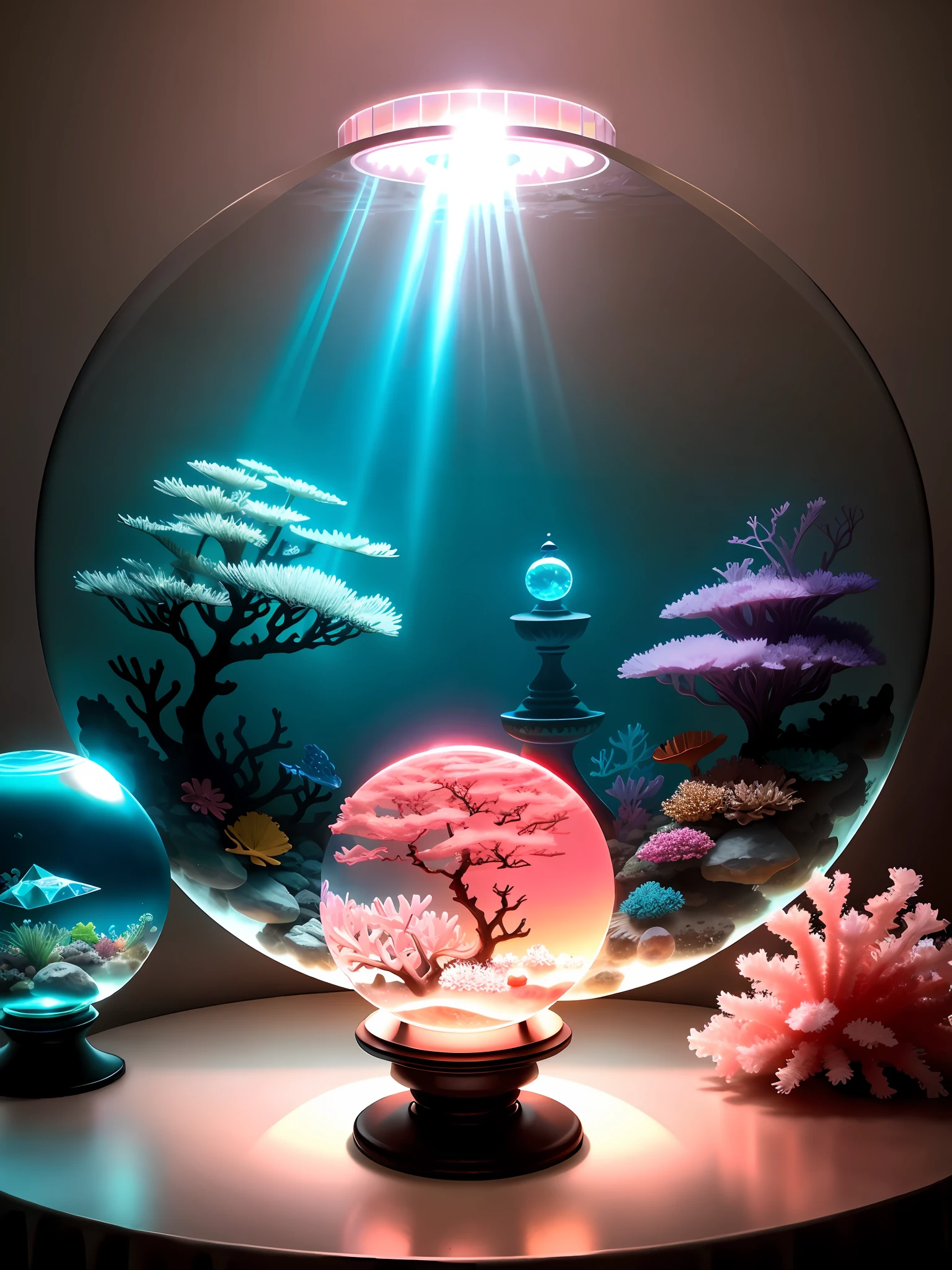 Fog, Artistic, Fantastic, Hyperrealism, 16K High Resolution, Unreal Engine, Soft Light, (Coral reef trapped in crystal sphere and tropical fish: 1.4), (Crystal sphere with pedestal on urban table: 1.3), Backlight ,Crystal ball reflecting the future
