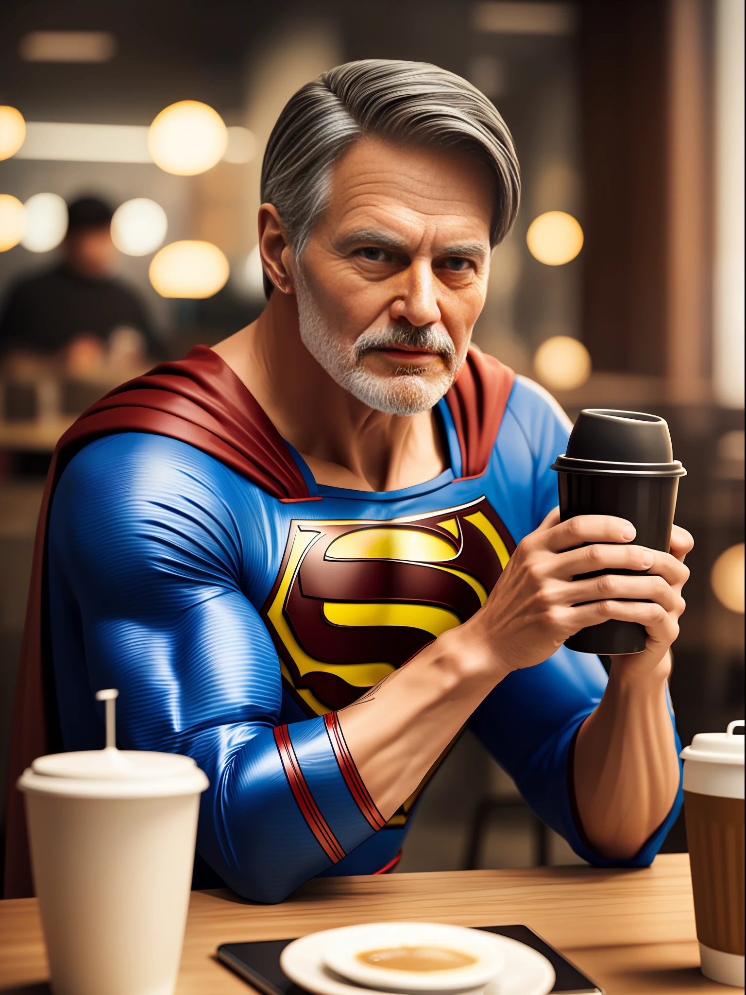(Old Superman)(DC), drinking a coffee,in the cafe,cyberpunk, 8K,photorealistic