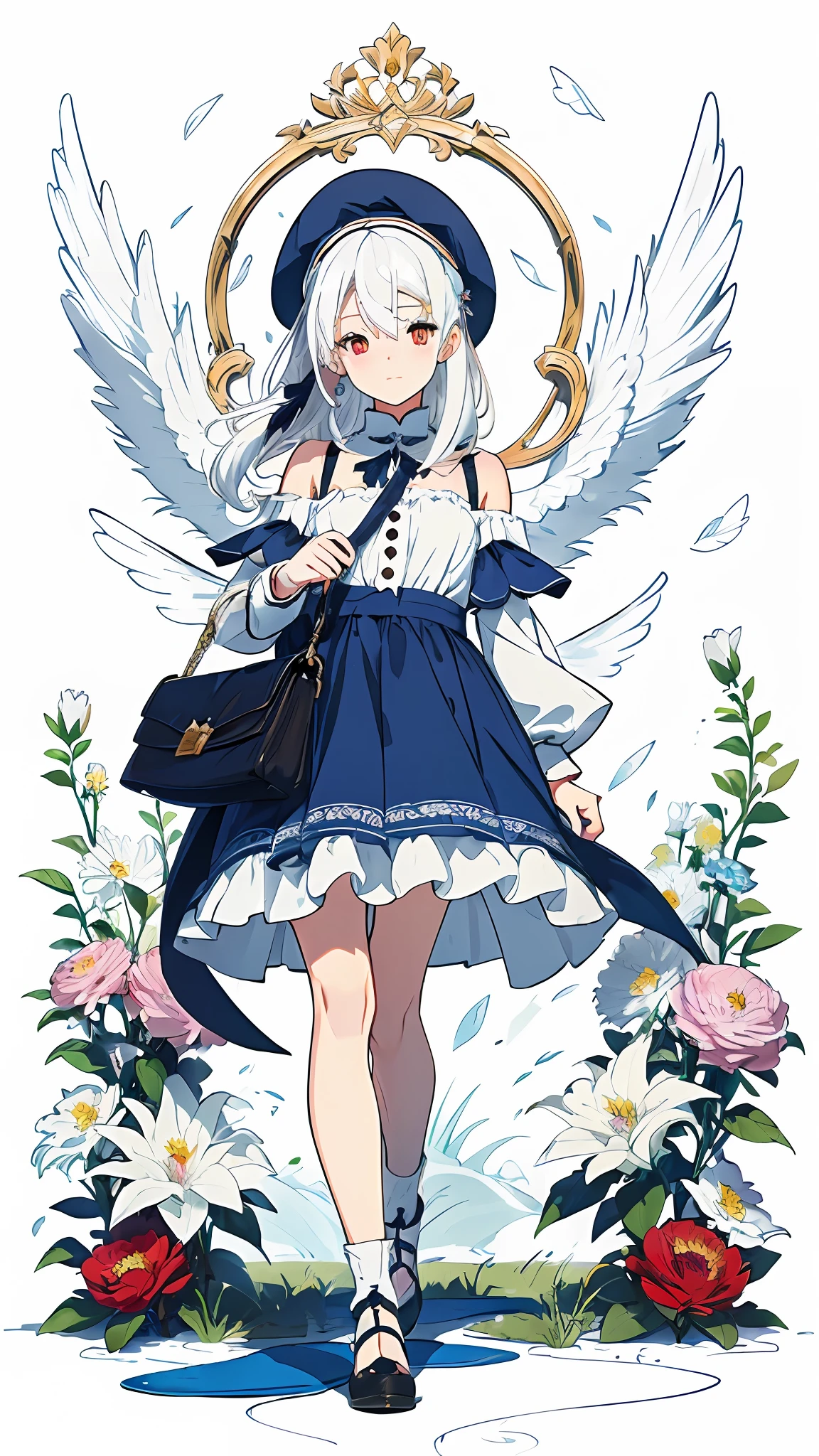 (ultra-detailed), simple background, (an extremely delicate and beautiful girl), (beautiful face), looking_at_viewer, 1 cute girl with (white hair:1.5) and light red eyes and (beret:1.2) and (shoulder bag:1.2), long hair, blue hairbow, blue ribbon, (white armored dress), hair flower, earring, pendant, (winged helmet), angel wings, (thigh bands), (colorful ink paper flower grow on the face:1.2) tachi-e, white background, full body, (illustration), anime, (masterpiece), (best quality), 8k, best quality, super detail