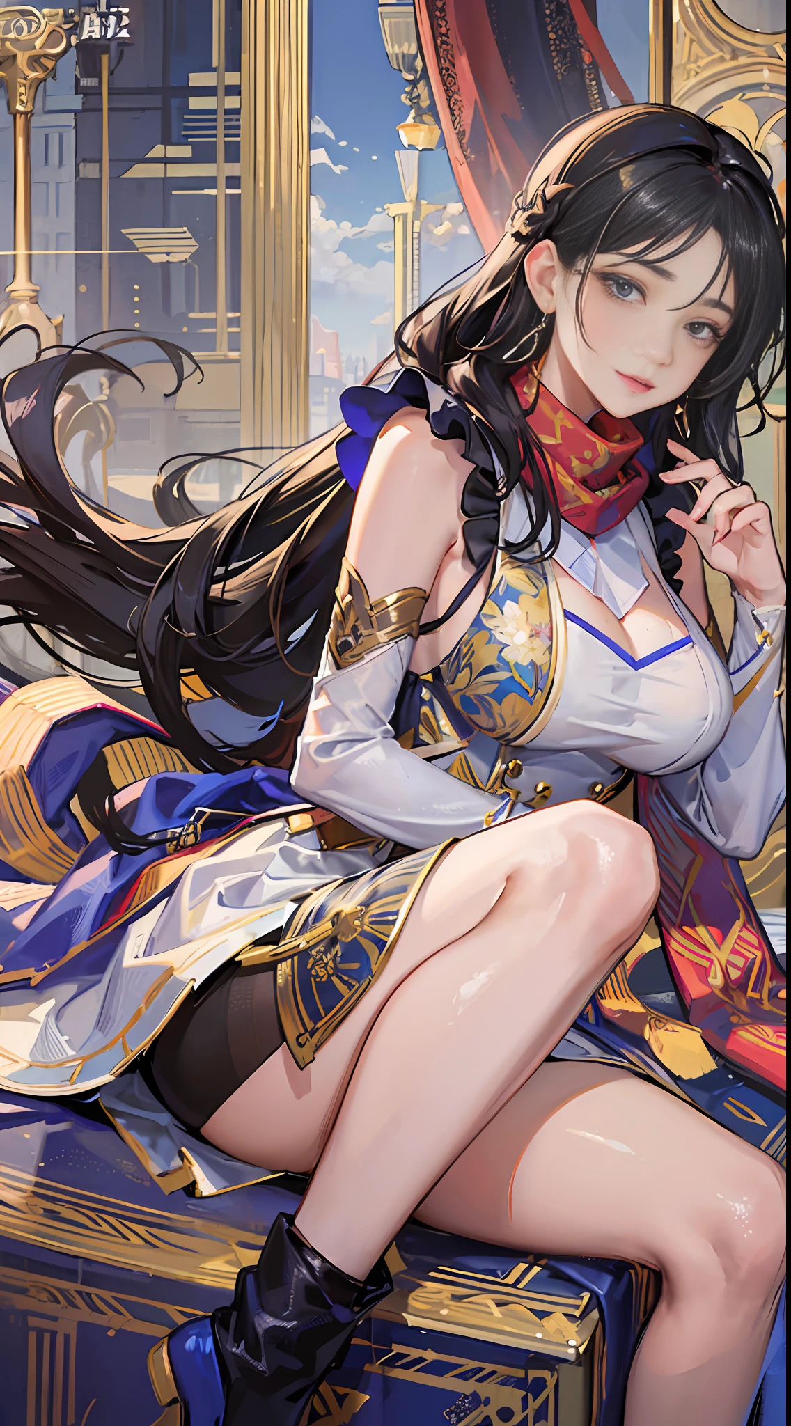 Side photo, side photo, mature woman, mom hairstyle, fluffy and lush long hair, ice silk print tights, sleeveless apron, flowing scarf, leg ties, delicate earrings, front convex back upturn, big breasted beauty