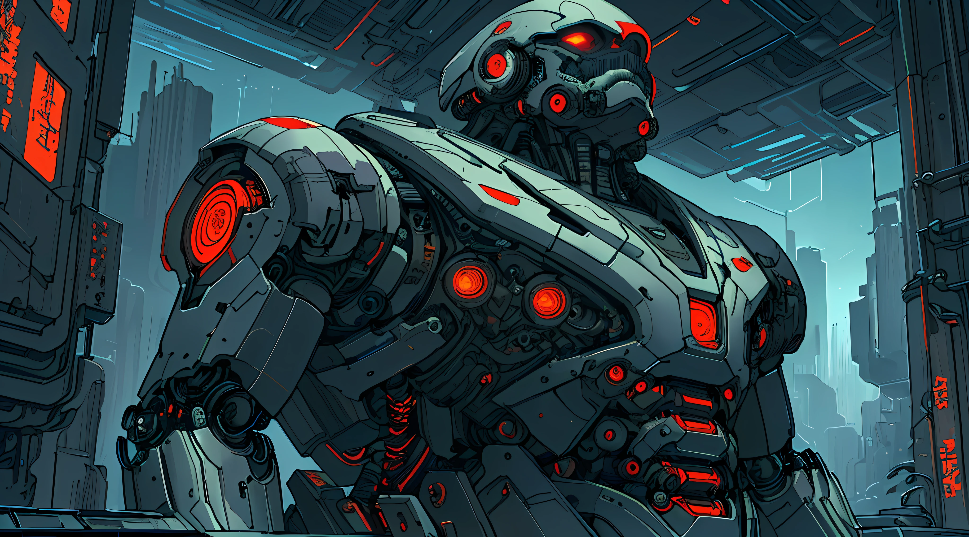 (8k unit wallpaper CG extremely detailed, masterpiece, best quality, ultra-detailed), (((solo))), ((extremely wide shot:1.15)), a robotic humanoid in a futuristic industrial area, ((upper body:1.15)), (high details), (intricate details), colorful, intricate, dark scene, intense environment, sinister, dark, evil, detailed environment, highly detailed environment, illustrator, (masterpiece).