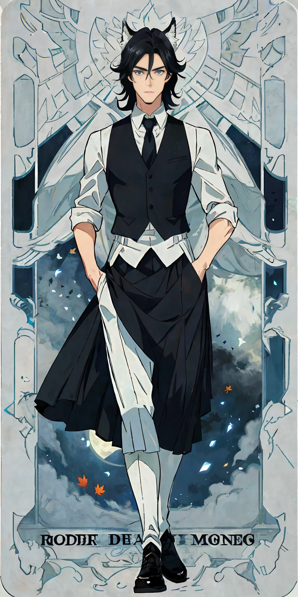 Masterpiece, best quality, 1 man, highest quality, male, handsome, wearing maid skirt, no lingerie, realistic men, black hair, dynamic pose, fair skin, dominant, looking at the audience, thin and tall, blue eyes, no text, 28 years old, beautiful perfect body, young face, body without hair, moon, fit body, wolf tail, wolf ears, maple leaf