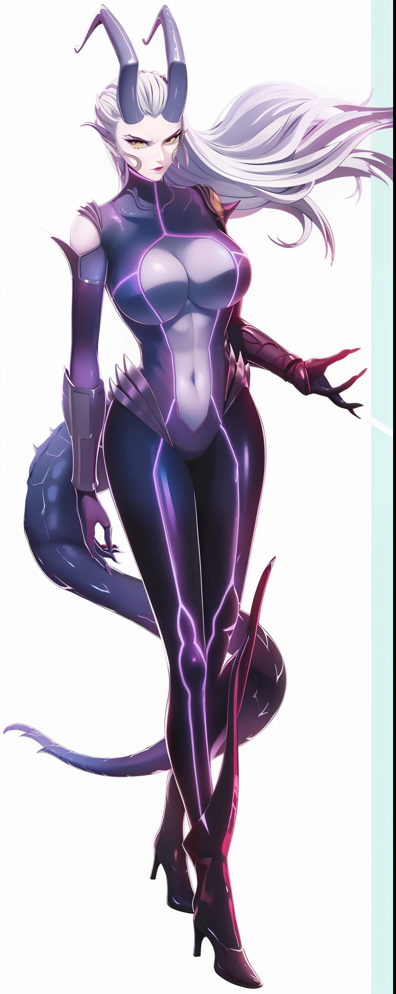 a woman in a cat suit with a sword and a cat tail, snake woman hybrid, lamia, hot reptile humanoid woman, fuchsia skin beneath the armor, detailed full body concept, sharp silver armor fuchsia skin, samira from league of legends, full body details, full body concept, serpentine pose, mermaid cyborg with a laser whip
