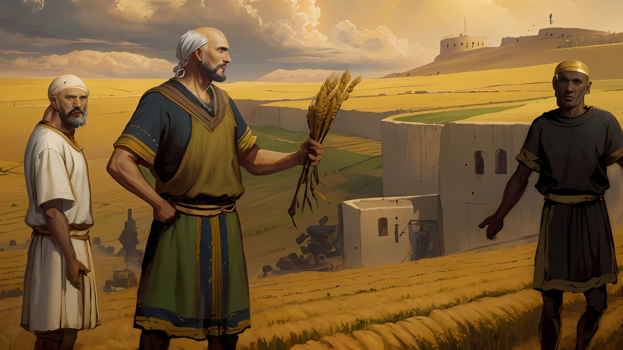 Oil painting, there is a bald man standing with a tares in one hand in the field checking the wheat crop, there are two more men talking to him, epic biblical representation, 8k uhd, cinematic lighting, high quality, --s2