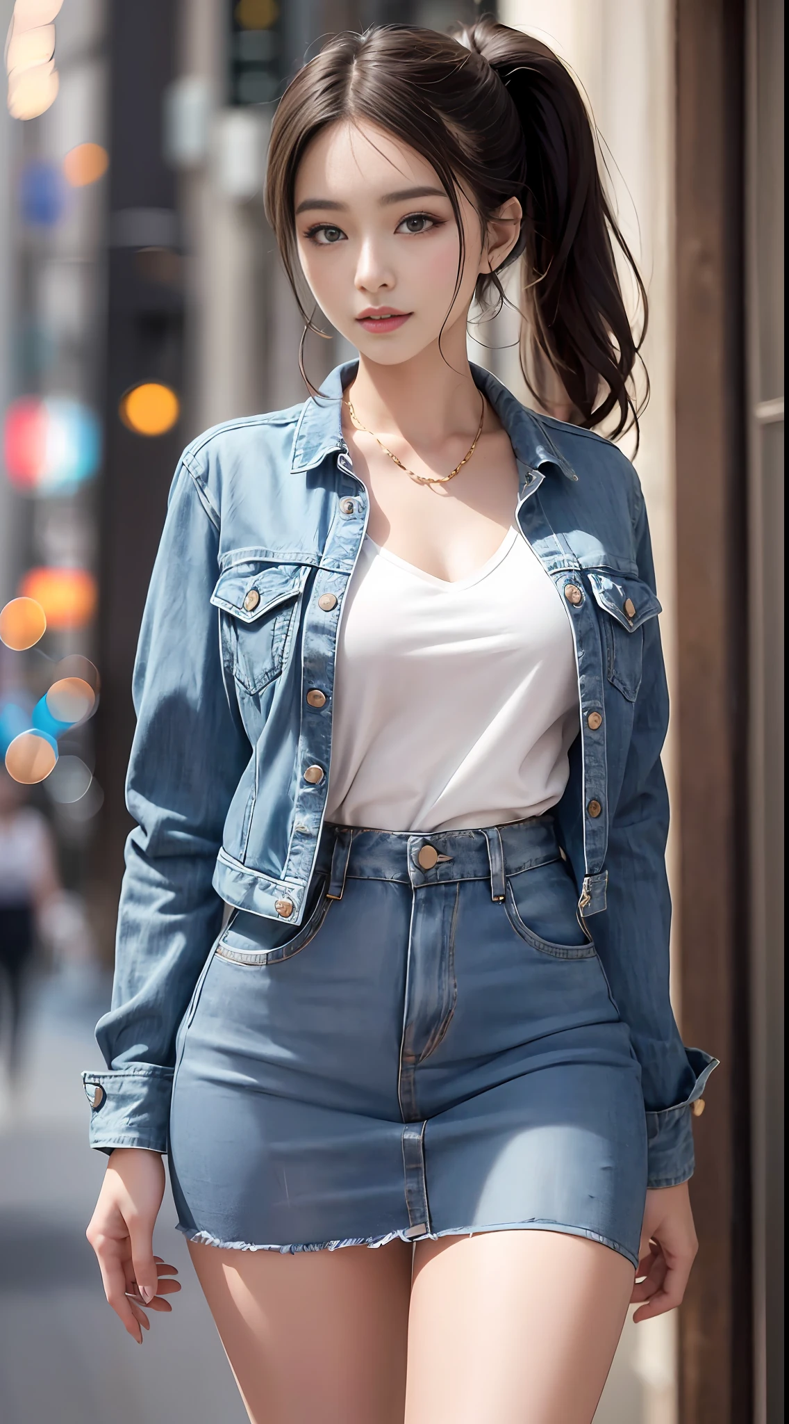 Exquisite, masterpiece, beautiful details, colorful, exquisite details, delicate lips, intricate details, 1 female, (a beautiful 20-year-old cute Korean woman: 1.1), (kpop idol, Korean mixed), (50mm Sigma f/1.4 ZEISS lens, F1.4, 1/800s, ISO 100, photograpy: 1.1), (ponytail + brunette hair: 1.2), (photorealistic: 1.4), (SPY:1.2), (Open Jacket,Shirt, Skirt,Tie,Christian Louboutin\(Brand\),:1.3), Earrings, Necklaces, Armbands, (Tavern, Bar:1.2), (Beautiful Legs, High Girl, Skinny, slim_legs, thigh_gap, Model:1.2), Lens flare, from the front, (Happy Smile: 1.1), Dynamic Pose, (Makeup: 1.2), Denim Clothing