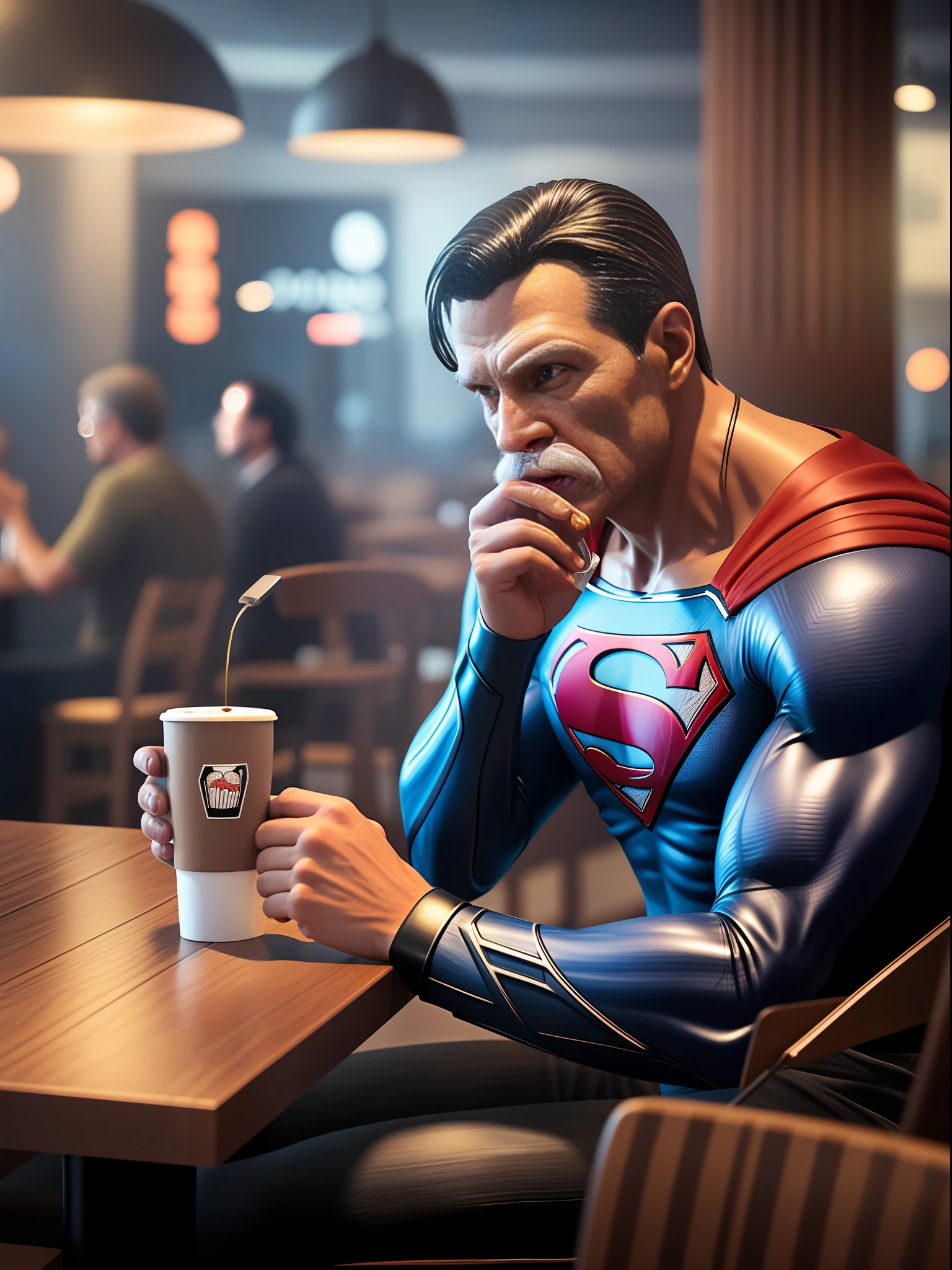 (Old Superman)(DC), drinking a coffee,in the cafe,cyberpunk, 8K,photorealistic