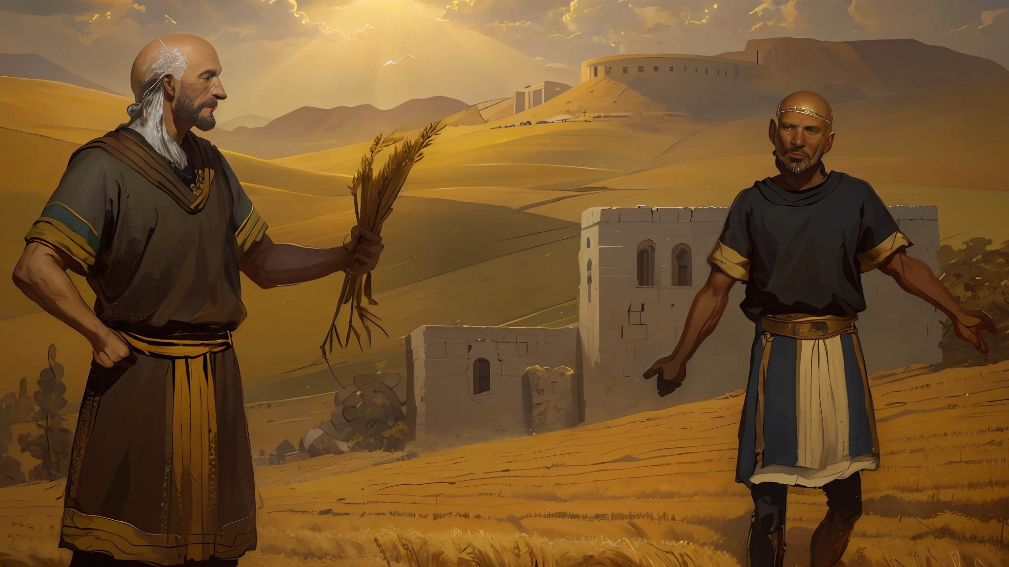 Oil painting, there is a bald man standing with a tares in one hand in the field checking the wheat crop, there is another man talking to him, epic biblical representation, 8k uhd, cinematic lighting, high quality, --s2