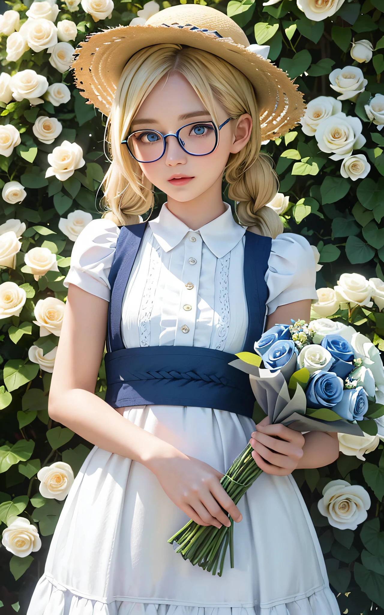 (beautiful blonde, dark blue and beautiful eyes, small, 18 years old, thin waist, pigtails, thick braid, happy), glasses, white dress, straw hat, bouquet of flowers, background is a garden of blue roses, snap, (masterpiece), ((highest quality)), (super detailed), girl, clean and detailed face, five fingers, textile shading, perfect human body structure, perfect anatomy,