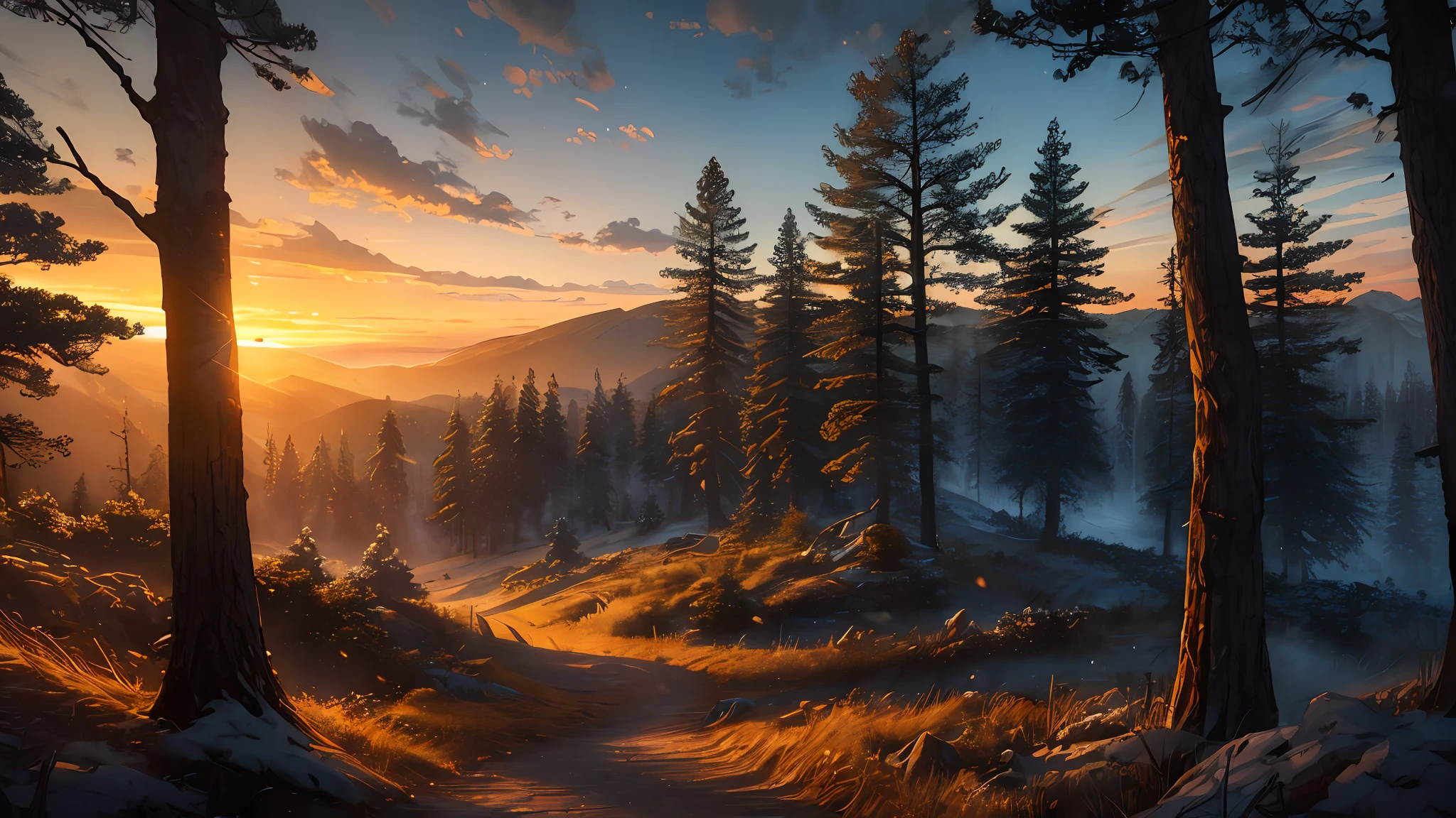 (masterpiece, best quality:1.2), ultra detailed, cinematic lighting, HDR, ilustration, sunrise, forest, impressive, chill, inspirational,