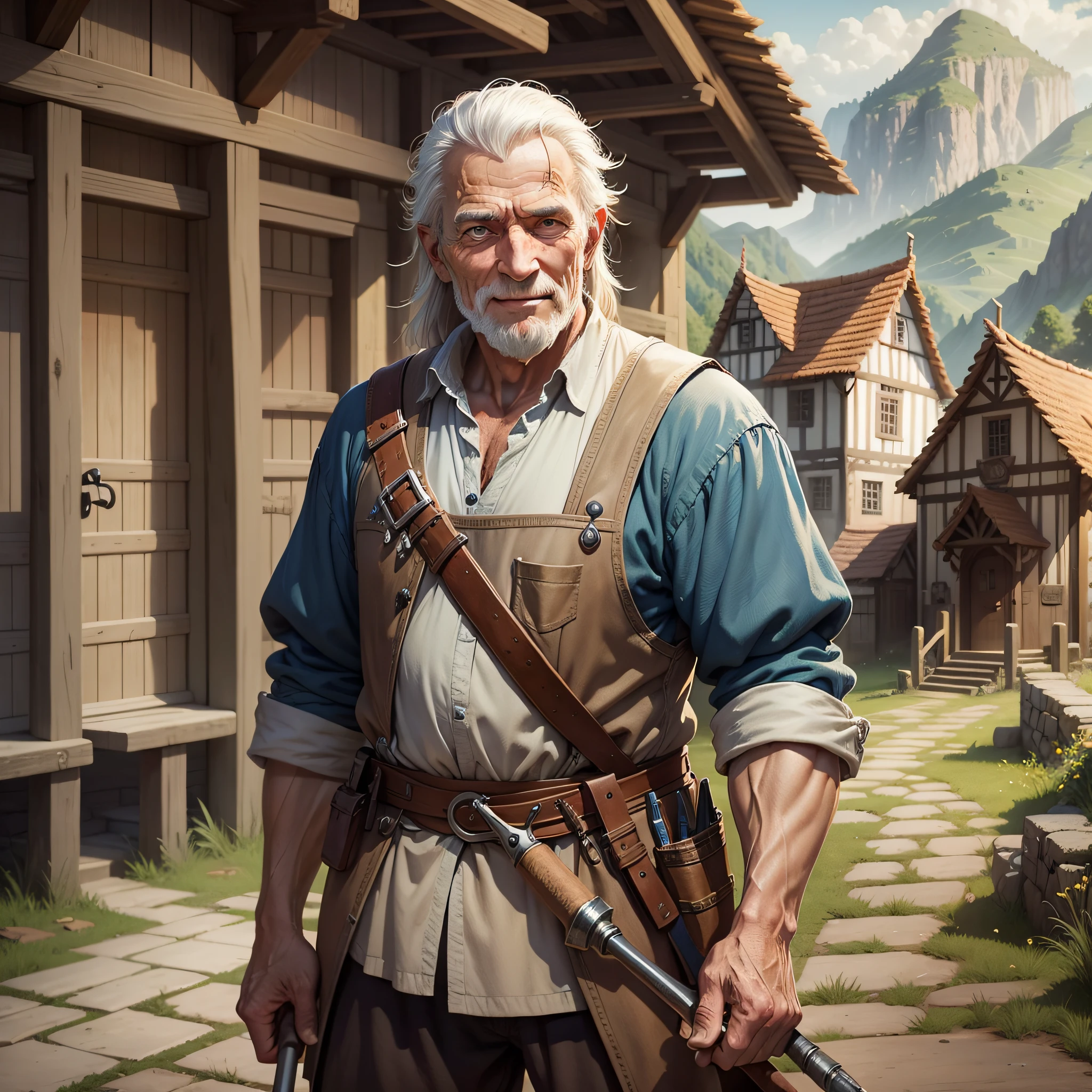 Medieval RPG style, old man using carpenter's tools, a tired but proud look, a sympathetic smile on his face a small rural village in the background