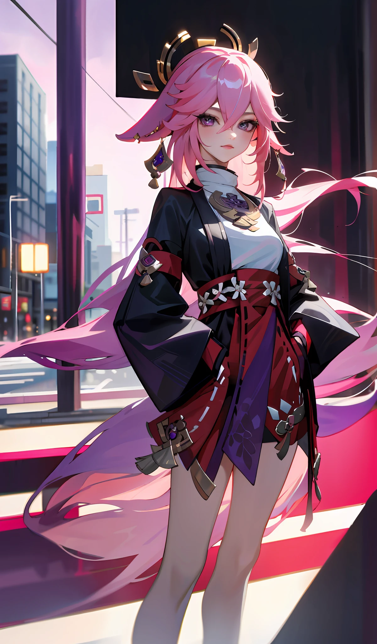 4k, realistic, high detailed, super eyes detailed, 1girl, fashion clothes, luxury clothes, stylish hat, long hair, in the city, pink hair, purple eyes, yae miko, two hands in pockets