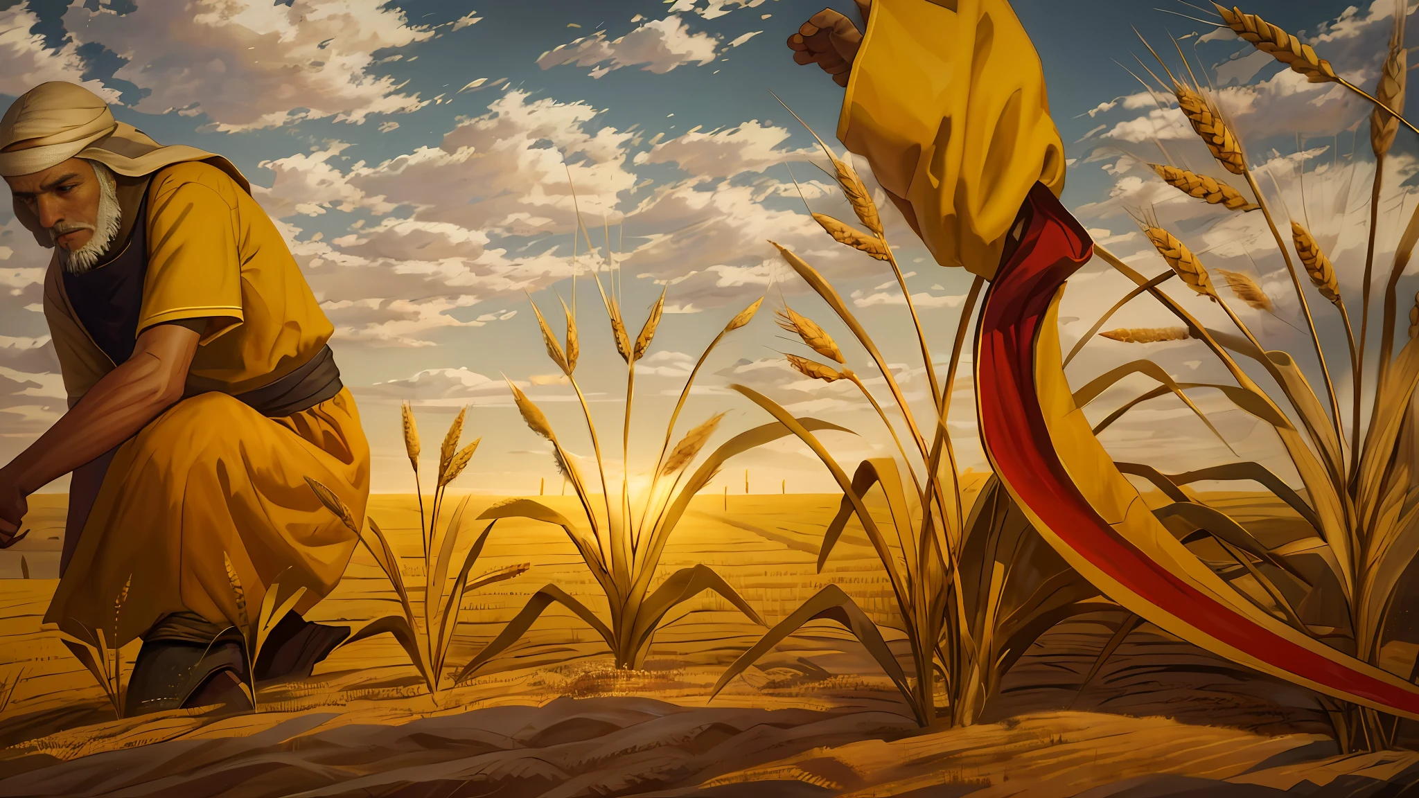 Oil painting, there is a man on his knees in the field checking the wheat crop, there is chaff and wheat mixed, there is a male hand with a sickle harvesting the wheat, epic biblical representation, 8k uhd, cinematic lighting, high quality, --s2