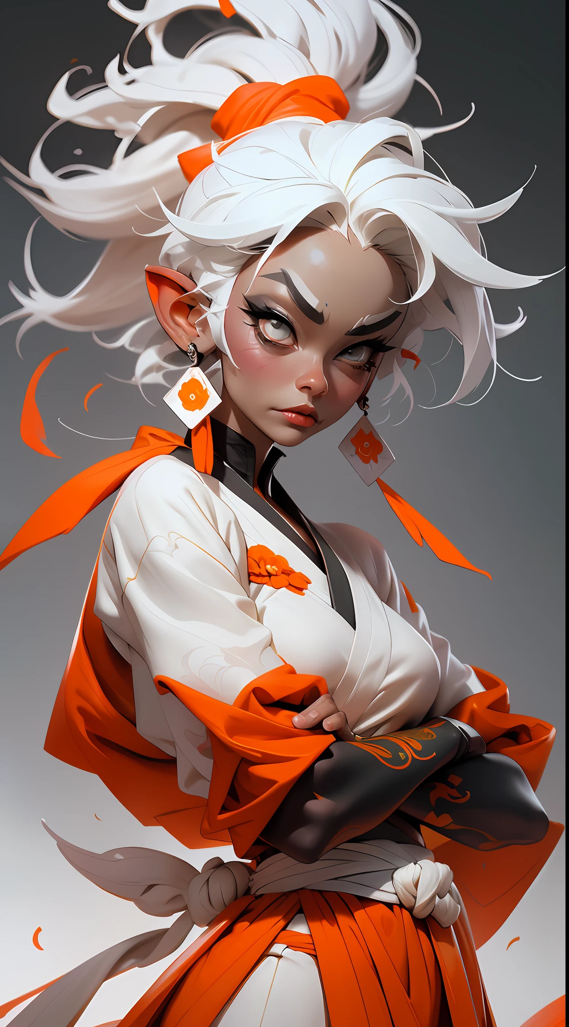 wuxia,orange,green,1black woman with tattoos,(((white hair))),orange clothes,super colorful,cinematic,dinamic pose,dof,35mm,masterpiece, best quality, ouka_studio