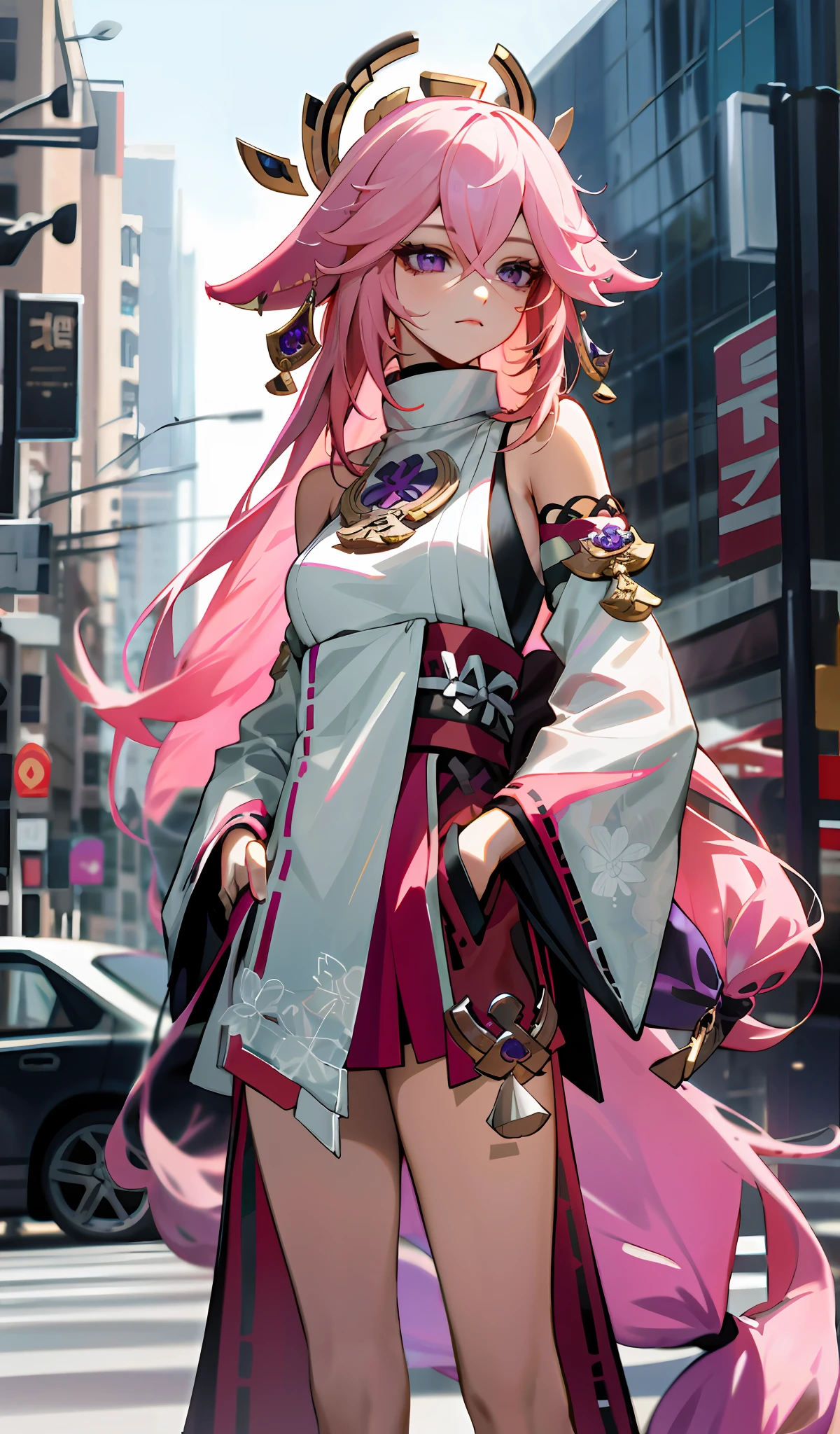 4k, realistic, high detailed, super eyes detailed, 1girl, fashion clothes, luxury clothes, stylish hat, long hair, in the city, pink hair, purple eyes, yae miko, two hands in pockets