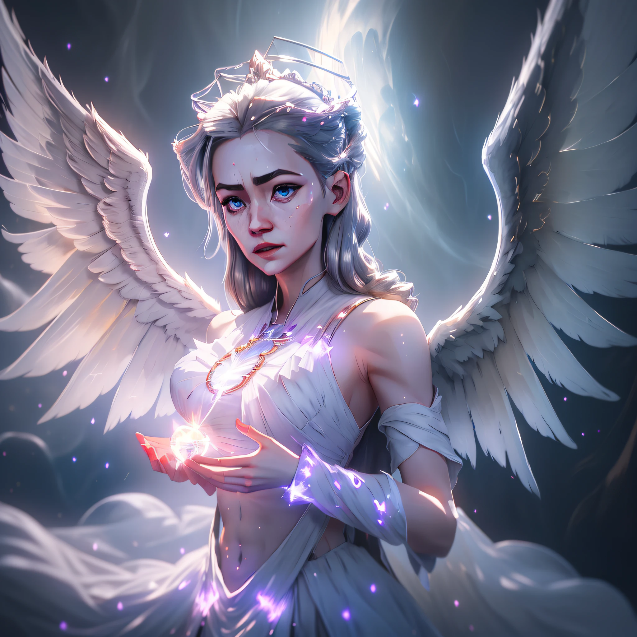 '(supernatural theme) (Portrait), (rey), (celestial being), silver hair, (silver eyes:1.2), (angel wings:1.3), (heavenly halo:1.2), (floating: 1.1), (flowing fabric:1.1), (ethereal glow:1.2), (mysterious aura:1.1), (high saturation:1.1), (dreamy atmosphere), (fantasy art:1.2), (best quality:1.1), (ultra-detailed:1.1), (masterpiece:1.1)'