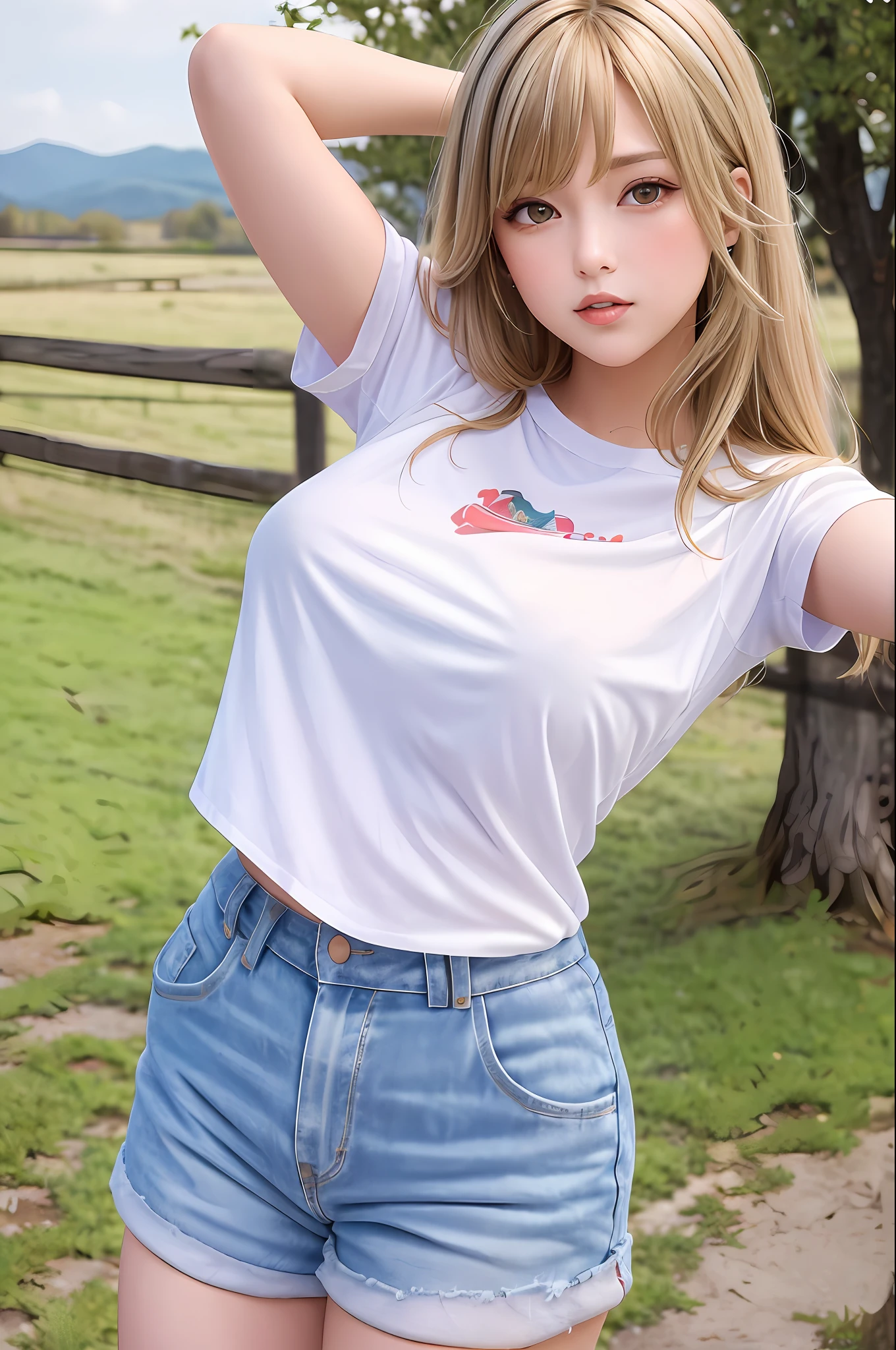((masterpiece)), better quality, great highlight on the upper body, wearing light spring clothes, colorful hair, outdoor landscape, magazine cover photography - start with a confident and charming pose.