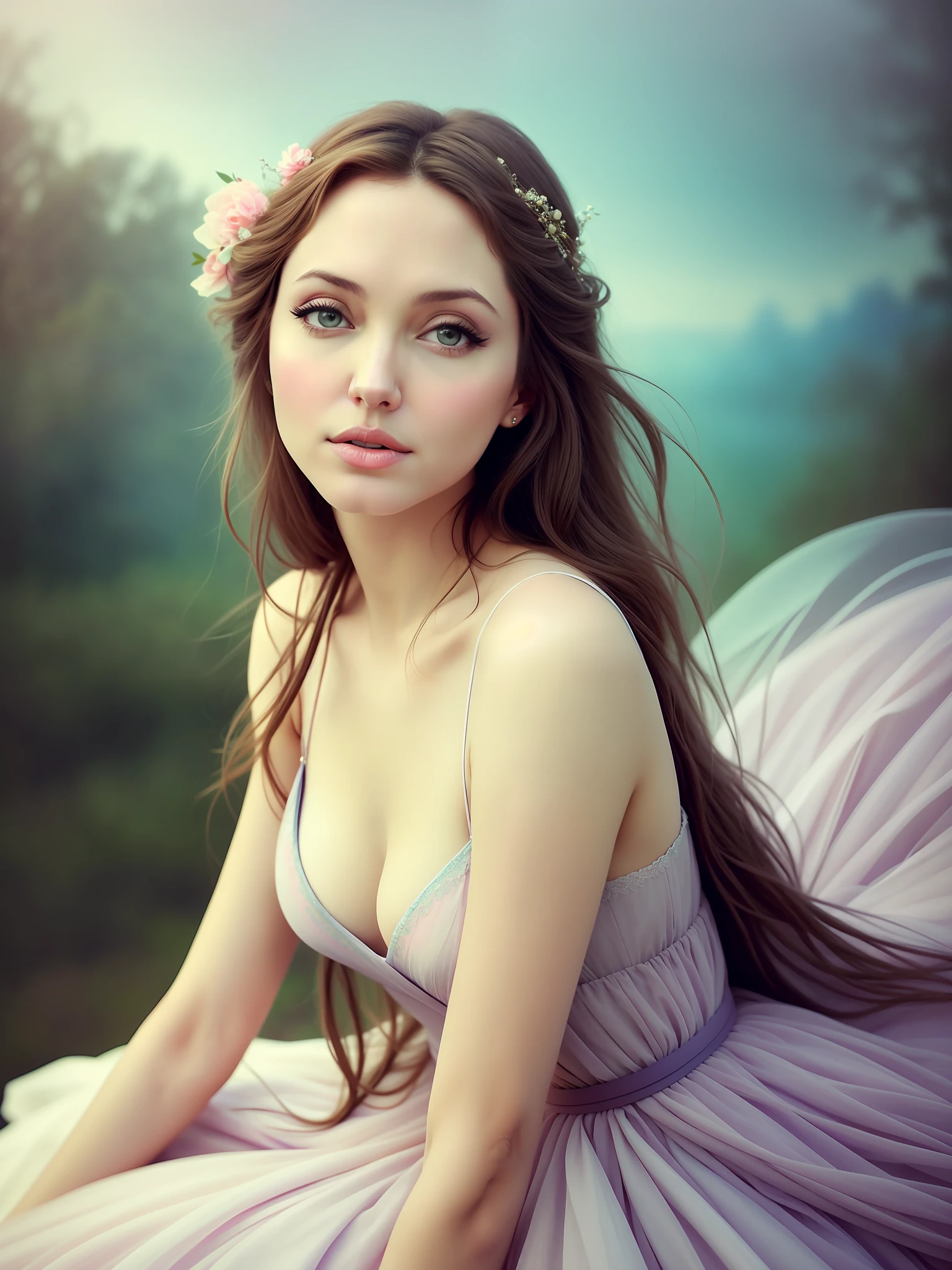 master photographic works, UHD, portrait, [Angelina Jolie: Ana de Armas: 0.4], Dreamy, ethereal,pastel colors, hazy backgrounds, surreal dreams, fantasy stories, impressionist art, fairy tale illustrations, waist shots, low-angle views