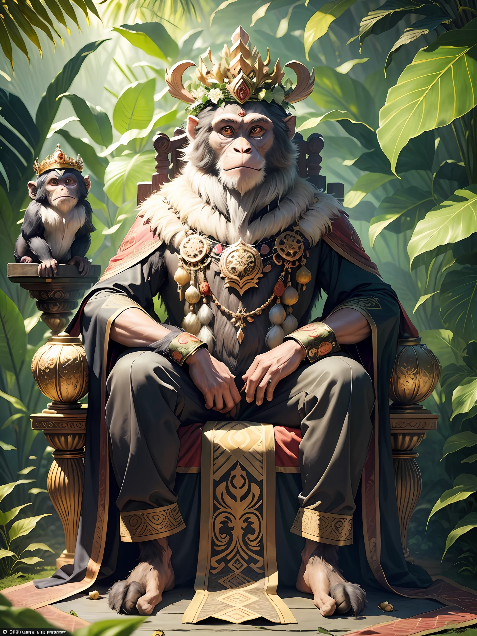 (masterpiece, best quality), intricate details, 8k, artstation, wallpaper, official art, sharp focus,Create an image of a majestic emperor monkey, sitting proudly on a throne made of wood, leaves, vines, and coconuts. The throne is located in the heart of the jungle, surrounded by lush greenery and exotic flowers. The emperor monkey is wearing a crown made of woven vines and leaves, accentuated with colorful feathers.
The emperor monkey is dressed in regal clothing made of jungle materials, such as animal skins and woven plants. He wears an elaborate necklace of teeth and beads, and his fur is adorned with intricate markings made from natural dyes.
The throne is grand and impressive, with intricate carvings and intricate details made from natural materials. There are vines and leaves weaving through the woodwork, adding to the jungle aesthetic. The throne sits atop a platform made of large, flat stones, which have been arranged to form a pathway leading up to the throne.
The emperor monkey sits tall and proud, with a serious expression on his face. His large, intelligent eyes scan the jungle, keeping an eye out for any potential danger. His posture is regal, and his demeanor is one of power and authority.
The jungle is alive around him, with birds and monkeys chirping and chattering in the background. The air is humid and thick, with the scent of exotic flowers and ripe fruits filling the air. The scene is one of natural beauty and power, with the emperor monkey ruling over his kingdom with dignity and grace